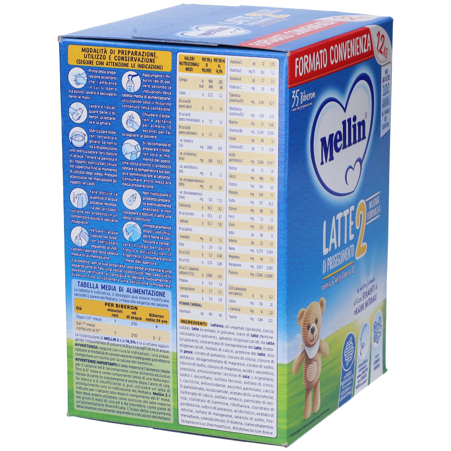 Retro della confezione "Mellin Latte 2". Contiene tabelle, testo e illustrazioni. Colori blu e verde.