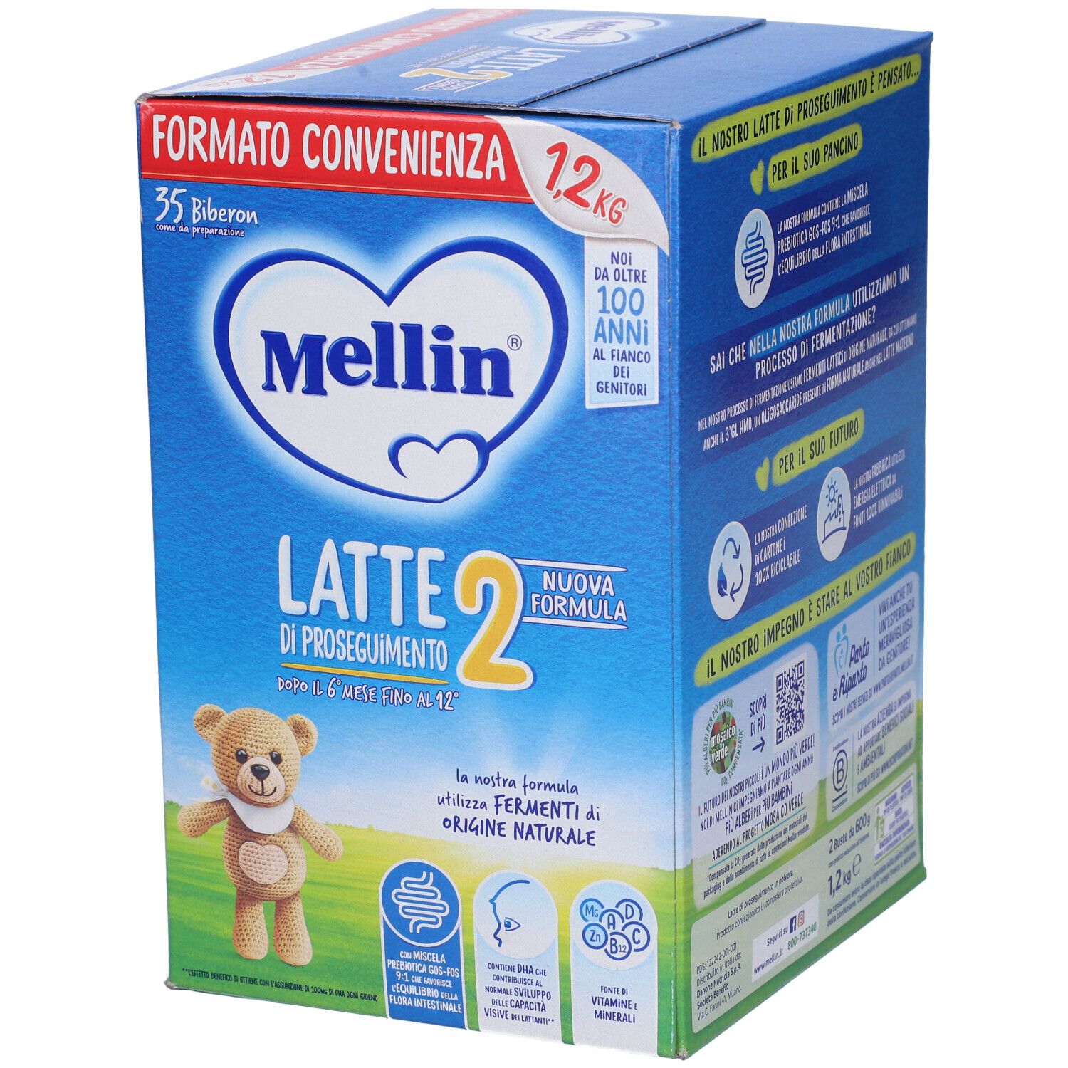 Confezione blu e bianca "Mellin Latte 2". Illustrazione orsetto. Testo: "Formato convenienza" e "Nuova Formula".