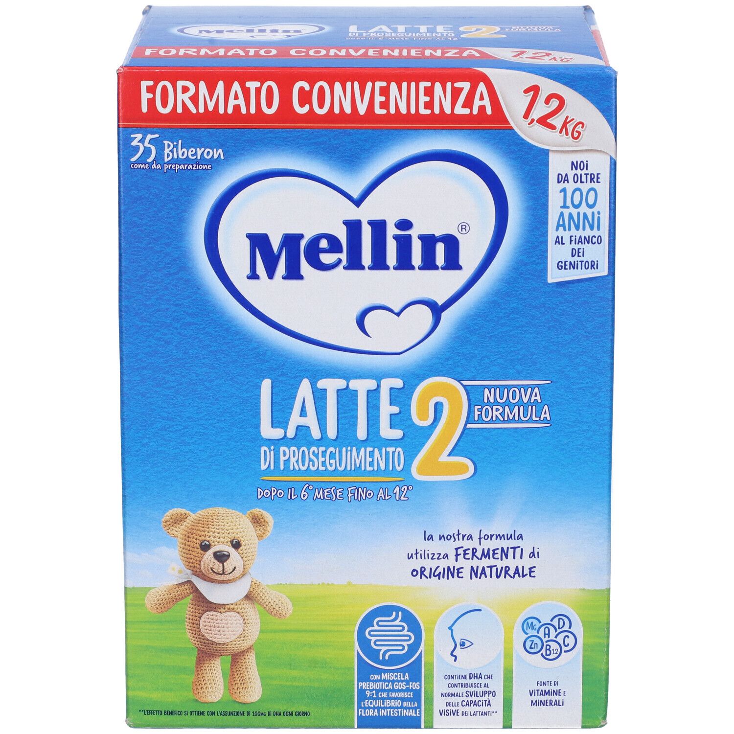 Confezione blu e bianca "Mellin Latte 2". Illustrazione orsetto. Testo: "Formato convenienza" e "Nuova Formula".