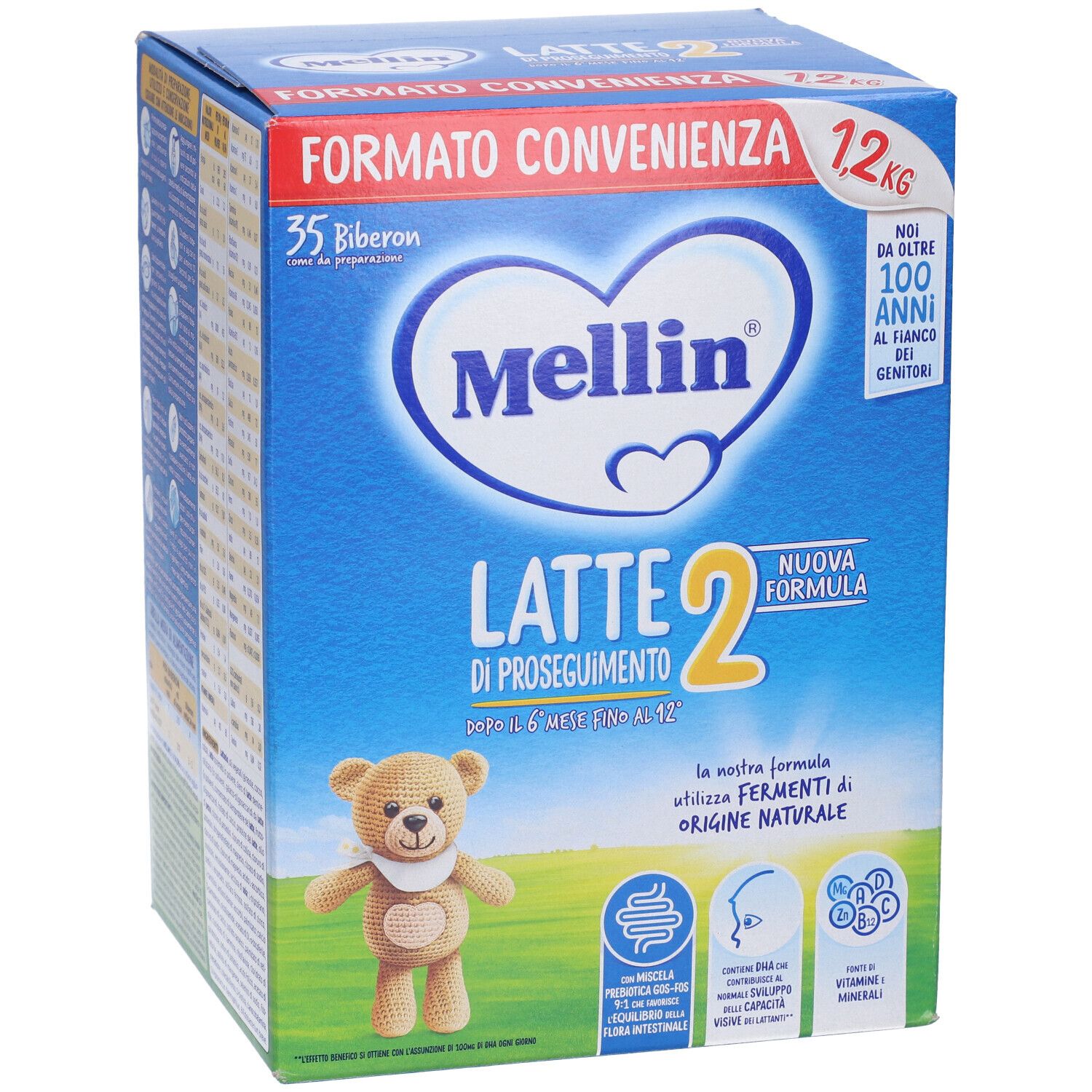 Confezione blu e bianca "Mellin Latte 2". Illustrazione orsetto. Testo: "Formato convenienza" e "Nuova Formula".