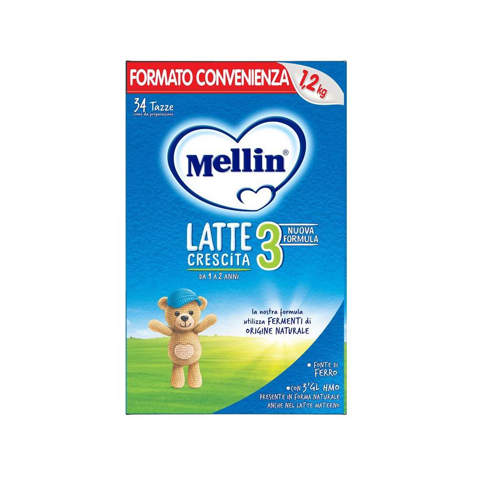 Scatola blu e bianca Mellin Latte Crescita 3. Illustrazione orsetto. Testo: 1,2 kg, 34 tazze, per 1-2 anni.