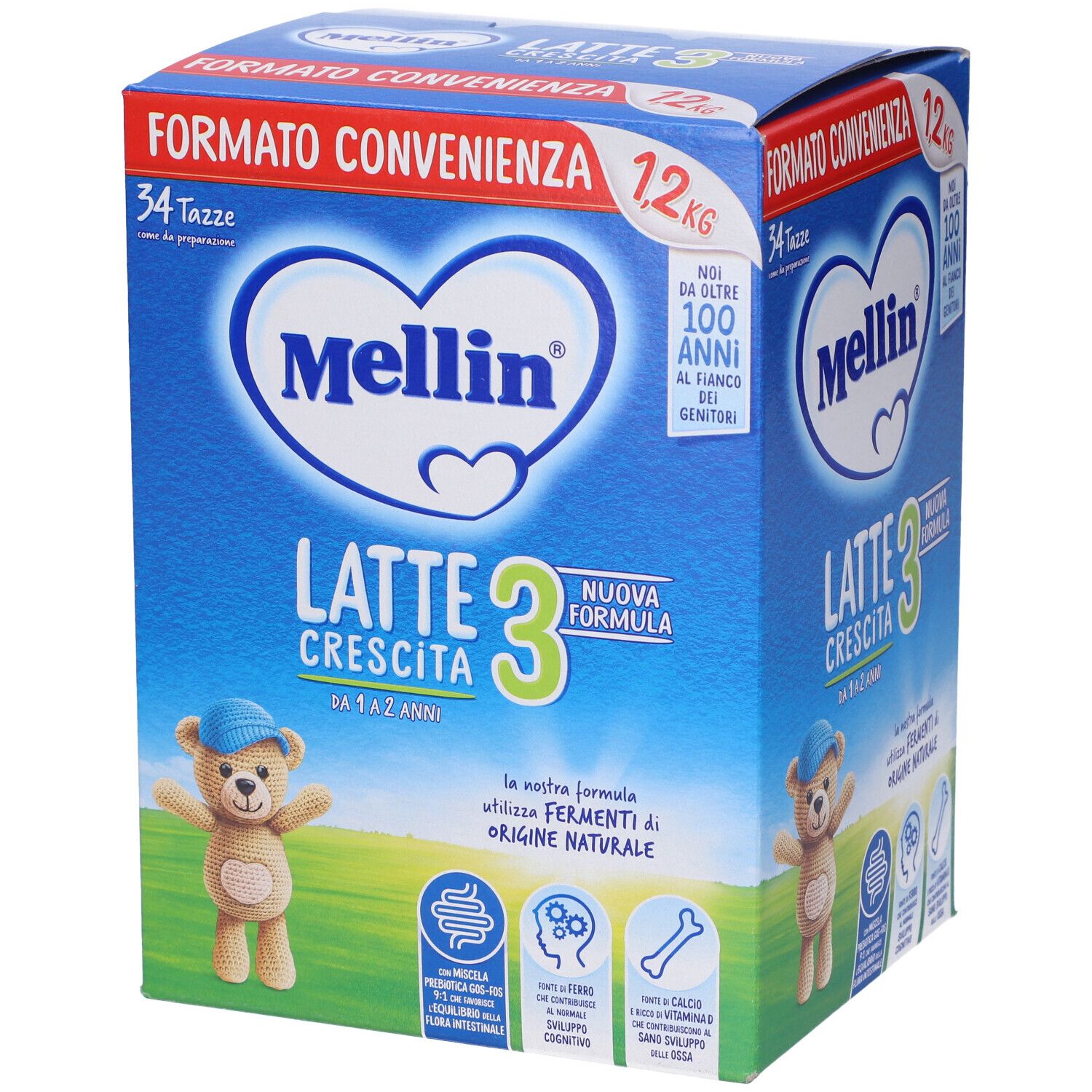 Scatola blu e bianca Mellin Latte Crescita 3. Illustrazione orsetto. Testo: 1,2 kg, 34 tazze, per 1-2 anni. Diverse viste.