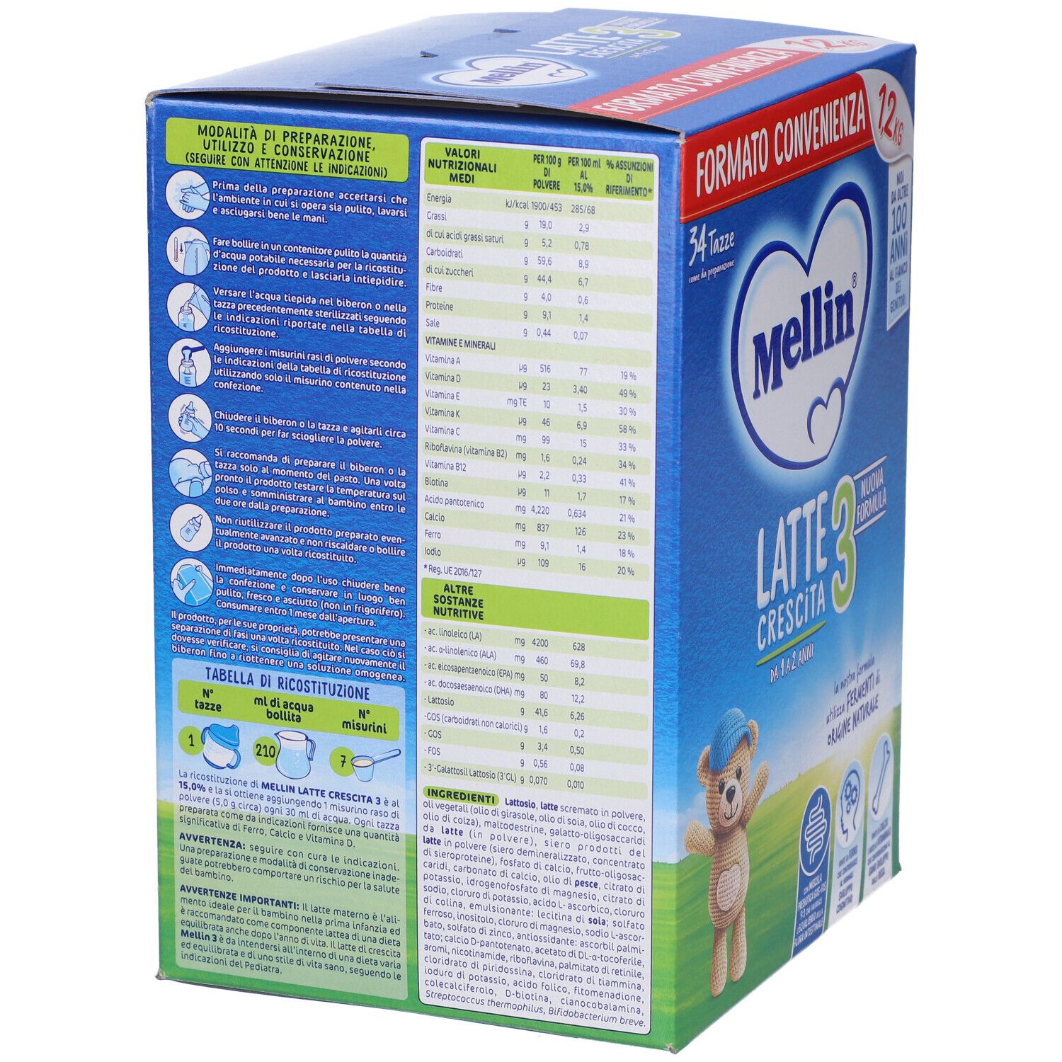 Retro della scatola blu Mellin Latte Crescita 3. Informazioni nutrizionali, istruzioni per la preparazione, ingredienti. Testo in italiano.