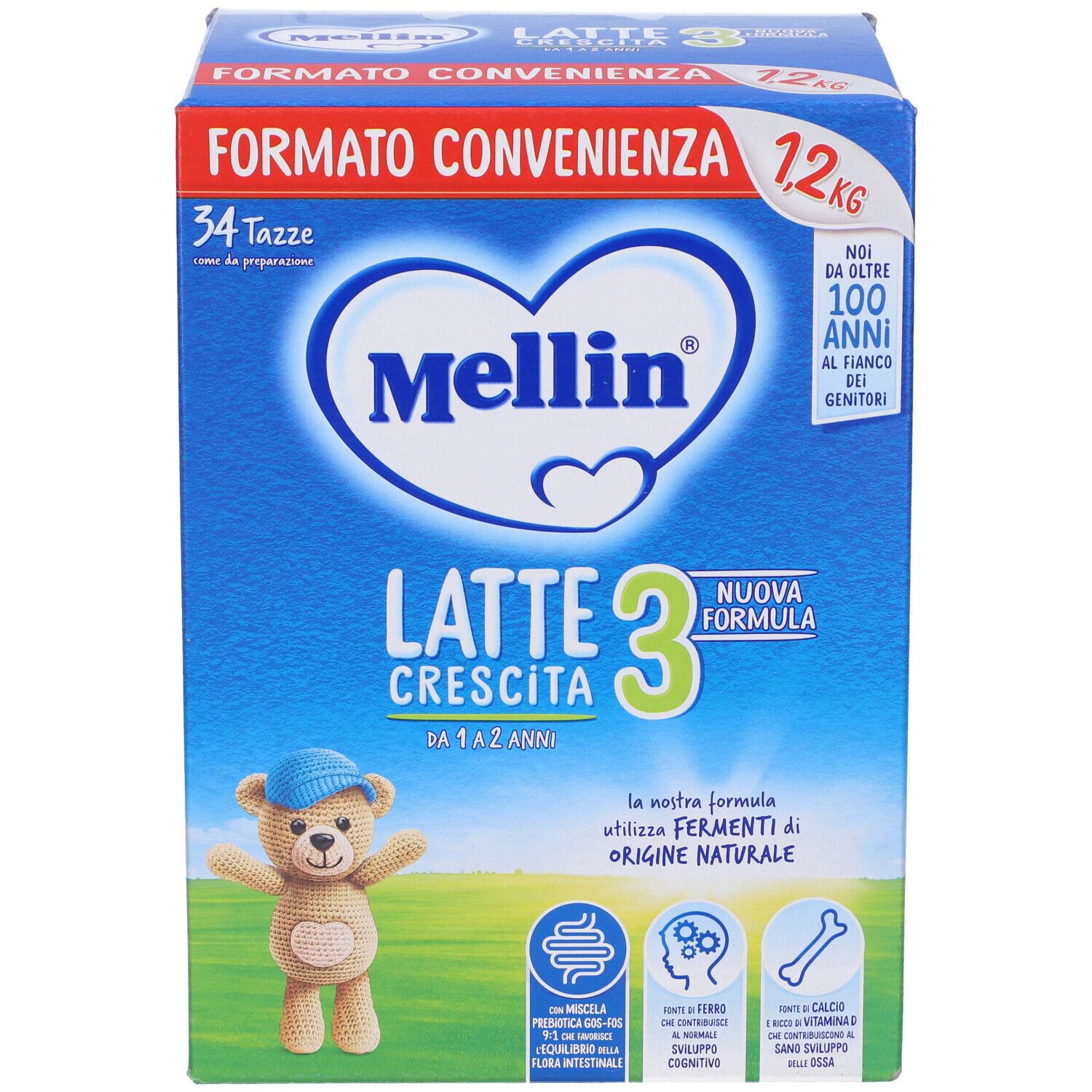 Scatola blu e bianca Mellin Latte Crescita 3. Illustrazione orsetto. Testo: 1,2 kg, 34 tazze, per 1-2 anni. Diverse viste.