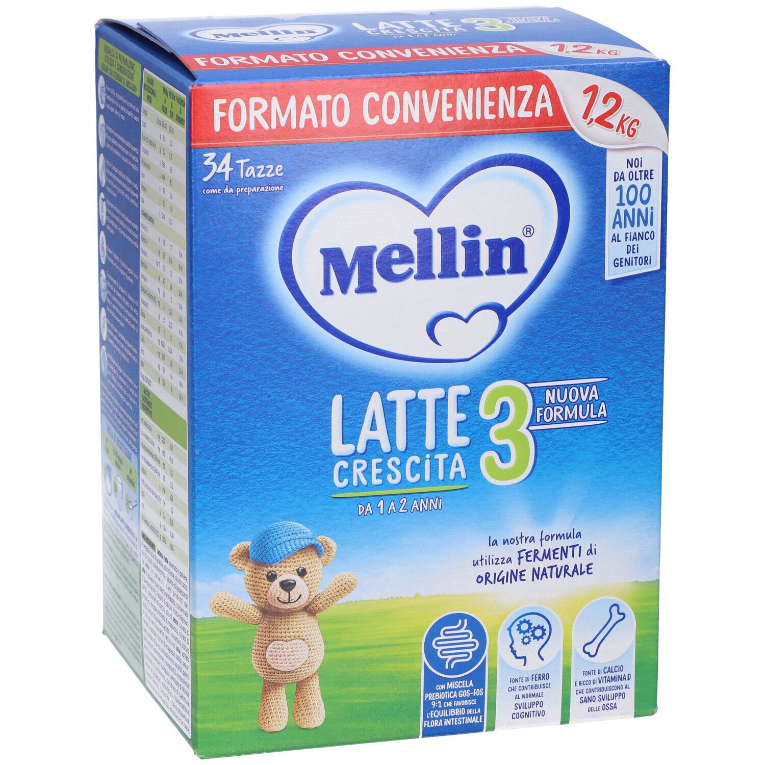 Scatola blu e bianca Mellin Latte Crescita 3. Illustrazione orsetto. Testo: 1,2 kg, 34 tazze, per 1-2 anni. Diverse viste.