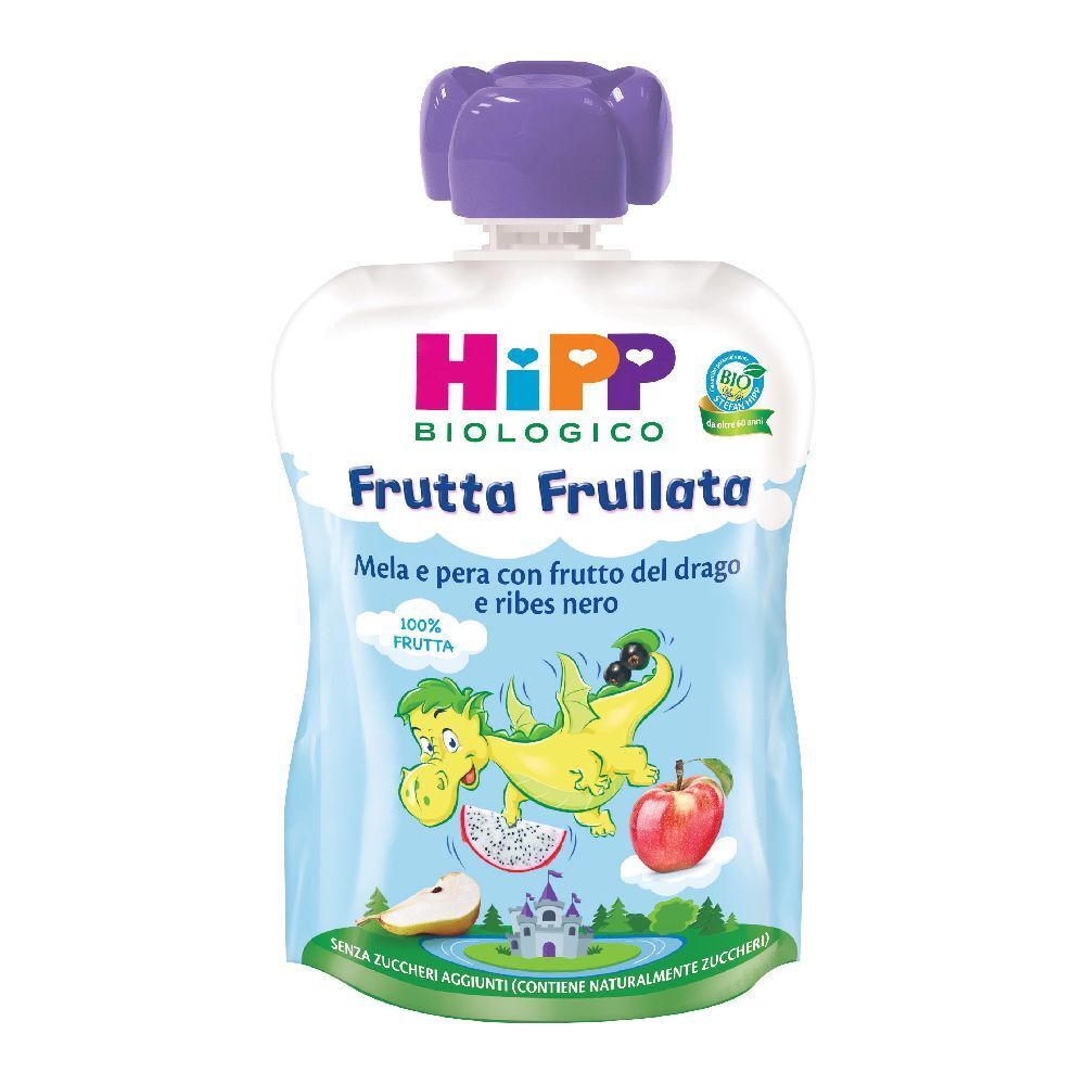 Bustina di purea di frutta. Scritta: HiPP Biologico, Frutta Frullata. Illustrazioni di drago, mela, pera e frutto del drago.