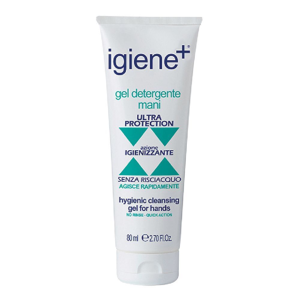 Tube blanc avec texte vert et bleu. "Igiene+" et "Gel detergente mani" sont visibles. "Ultra Protection" est en dessous.