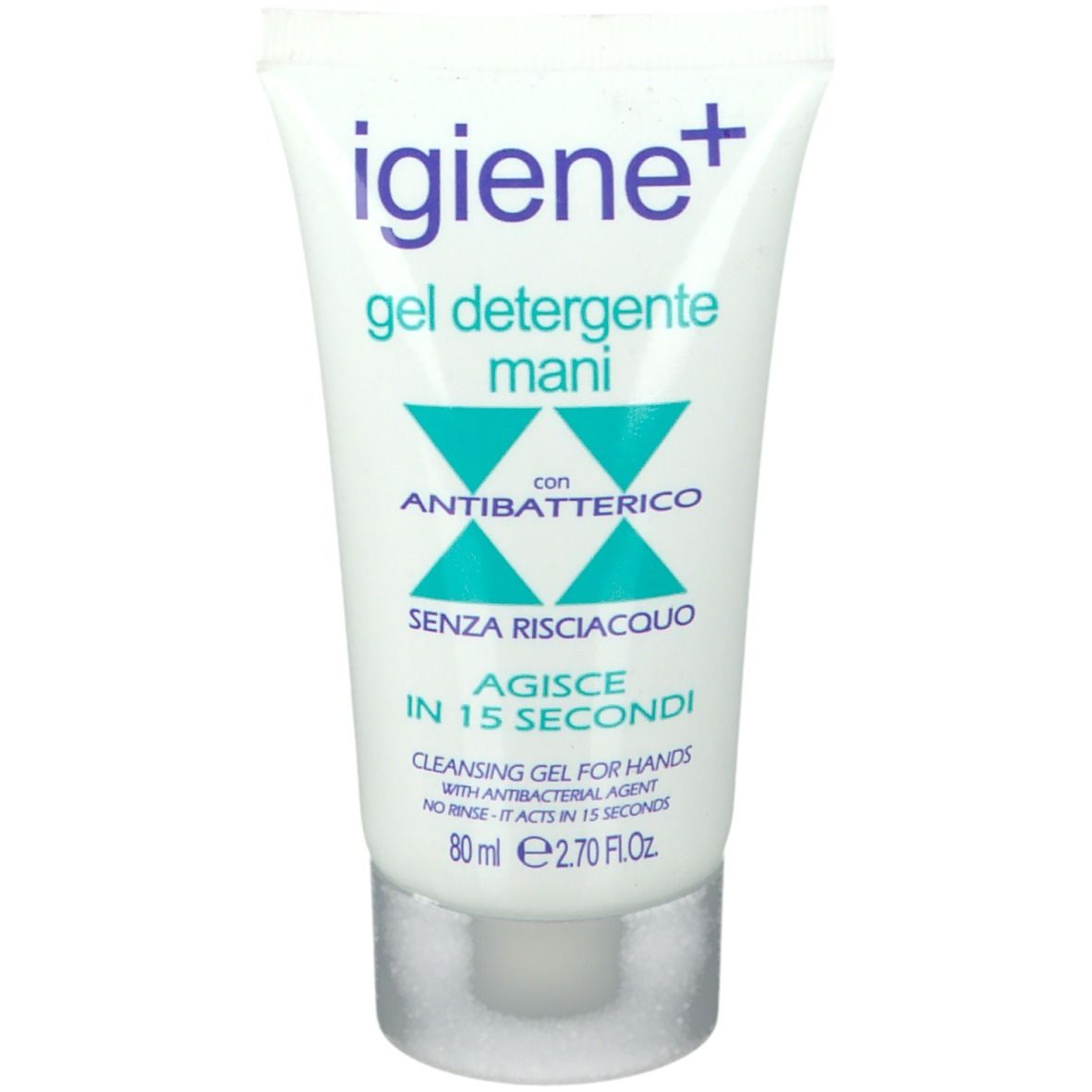 Tube blanc avec texte vert et bleu. "Igiene+" et "Gel detergente mani" sont visibles. "Con antibatterico" est en dessous.