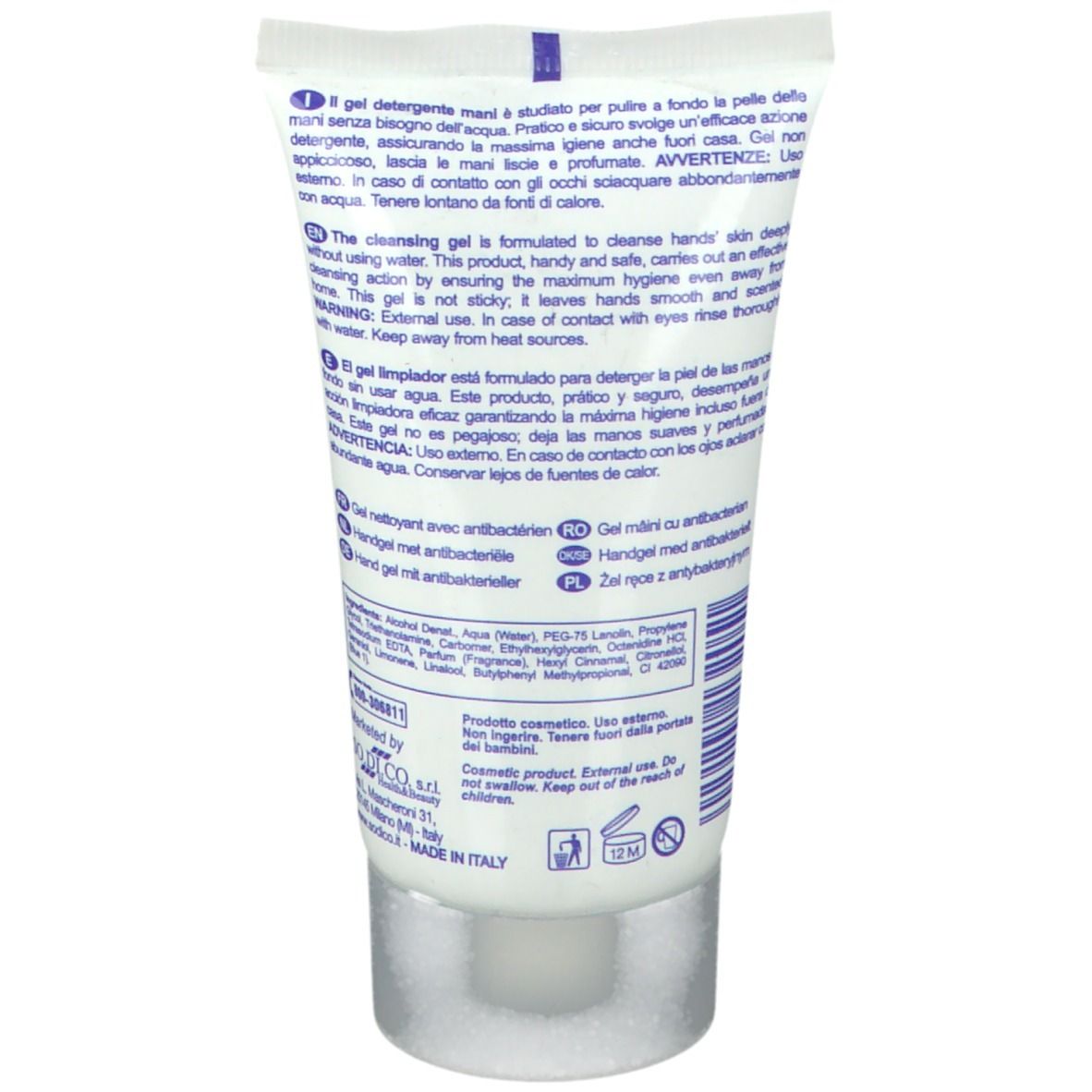 Dos d'un tube blanc. Texte en plusieurs langues, dont l'italien et l'anglais. Contient des informations sur le produit.