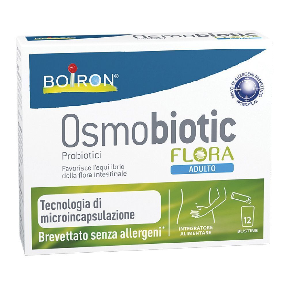 Scatola di BOIRON Osmobiotic Flora Adulto. Confezione bianca e blu con nome del prodotto e logo.
