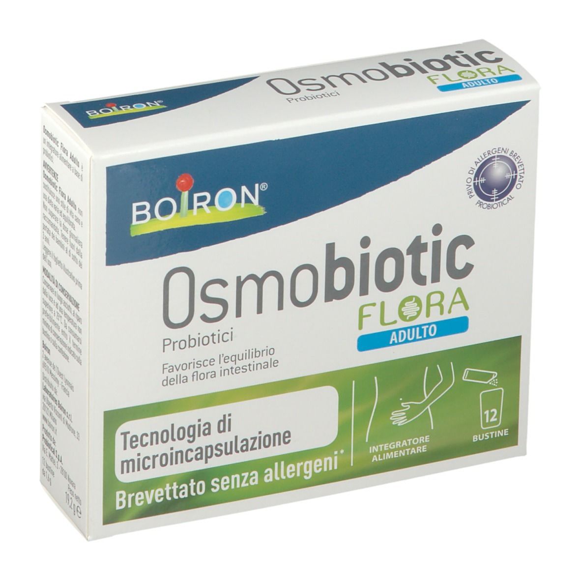Scatola BOIRON Osmobiotic Flora Adulto, vista prospettica. Nome e logo del prodotto ben visibili.
