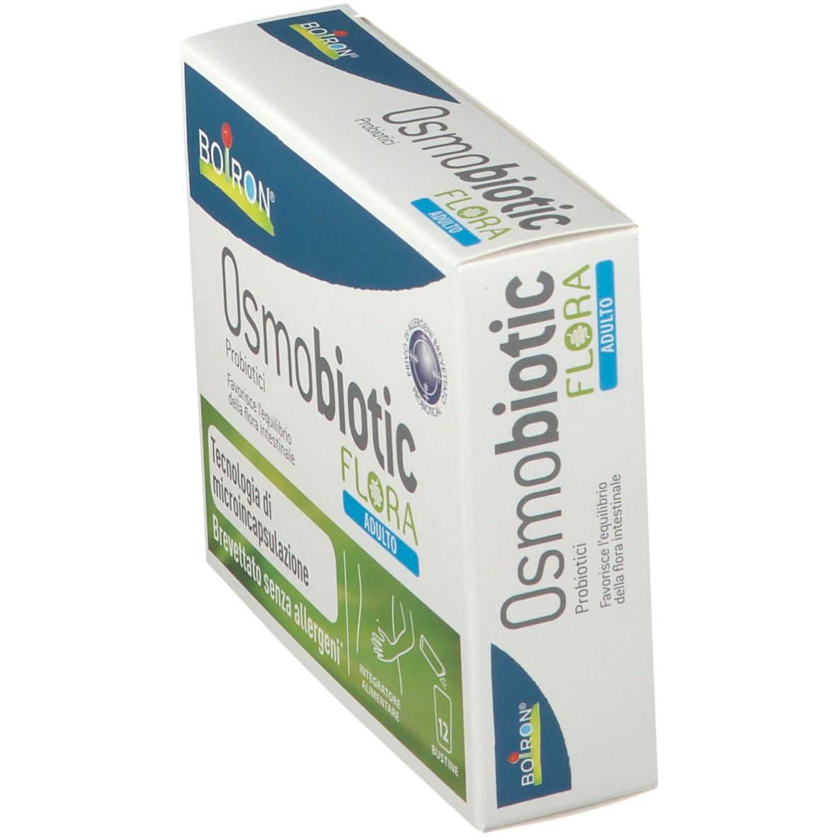 Scatola BOIRON Osmobiotic Flora Adulto, vista obliqua. Nome e logo del prodotto sulla confezione.