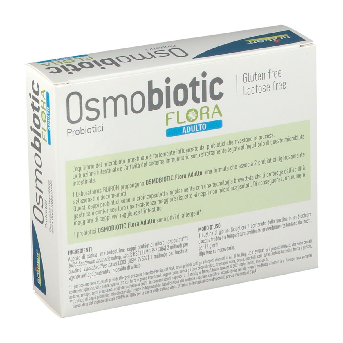 Retro della scatola BOIRON Osmobiotic Flora Adulto. Informazioni testuali ed elenco ingredienti.