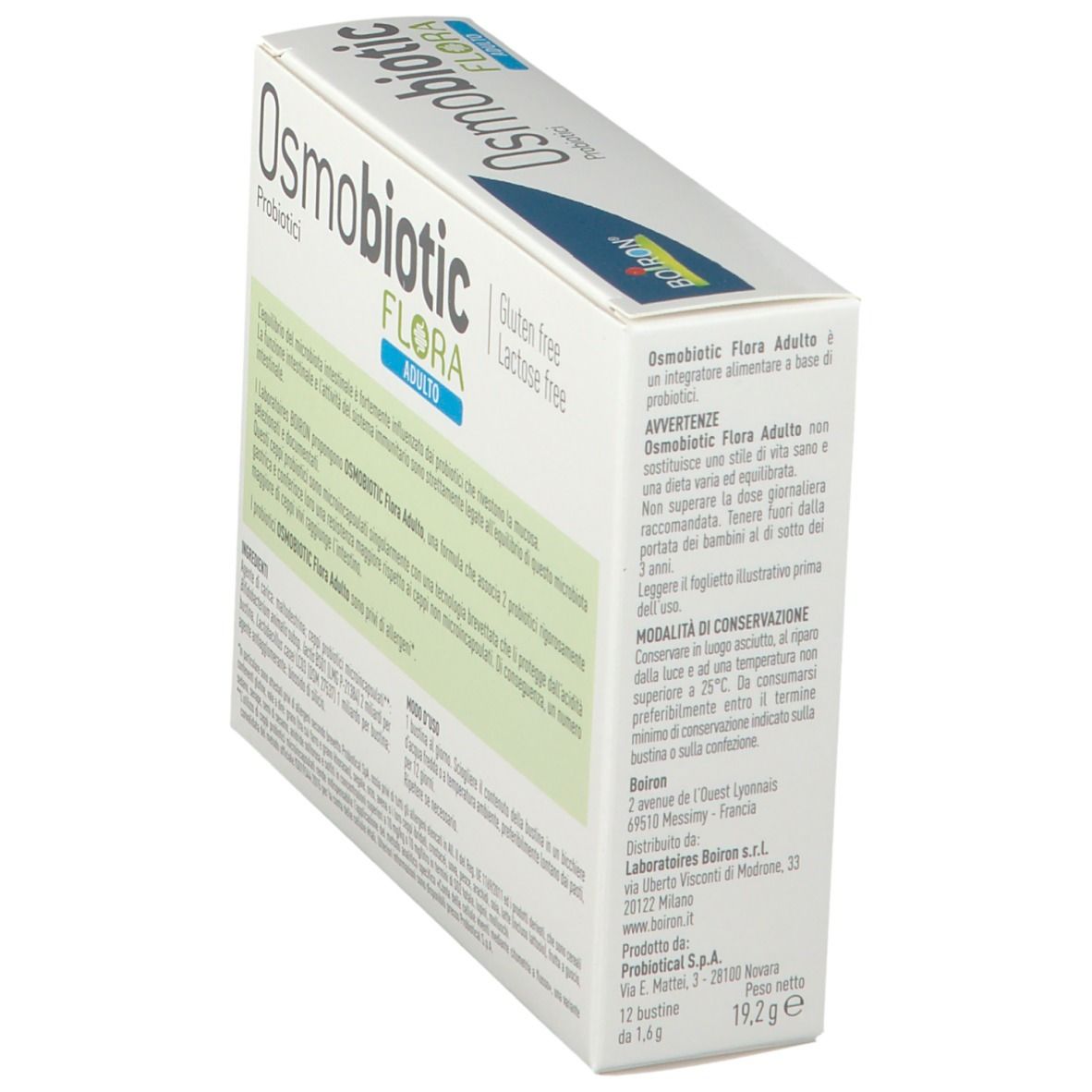 Scatola BOIRON Osmobiotic Flora Adulto, vista obliqua. Testo e logo sulla confezione.
