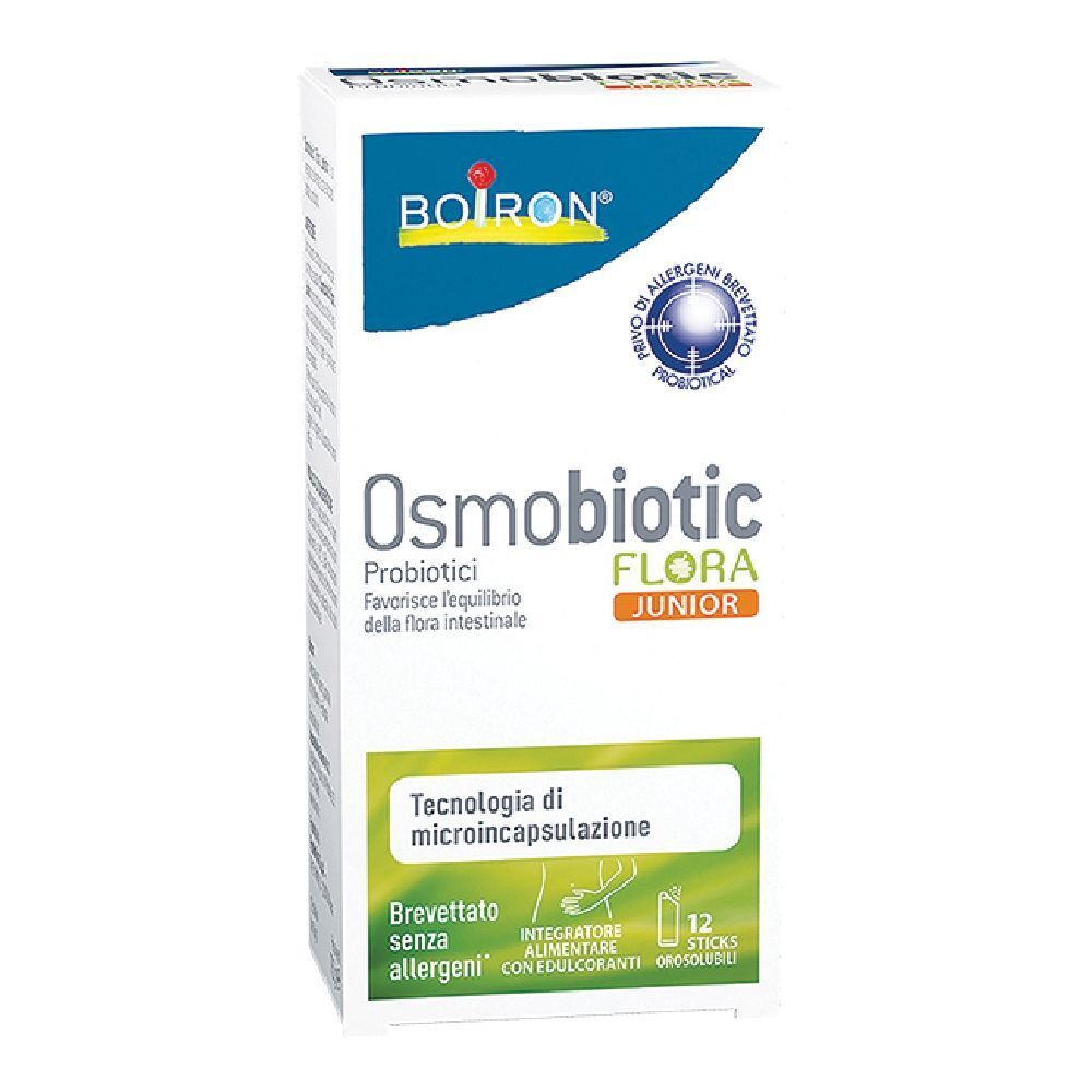 Scatola di BOIRON Osmobiotic Flora Junior. Contiene 12 stick. Scritte in italiano.