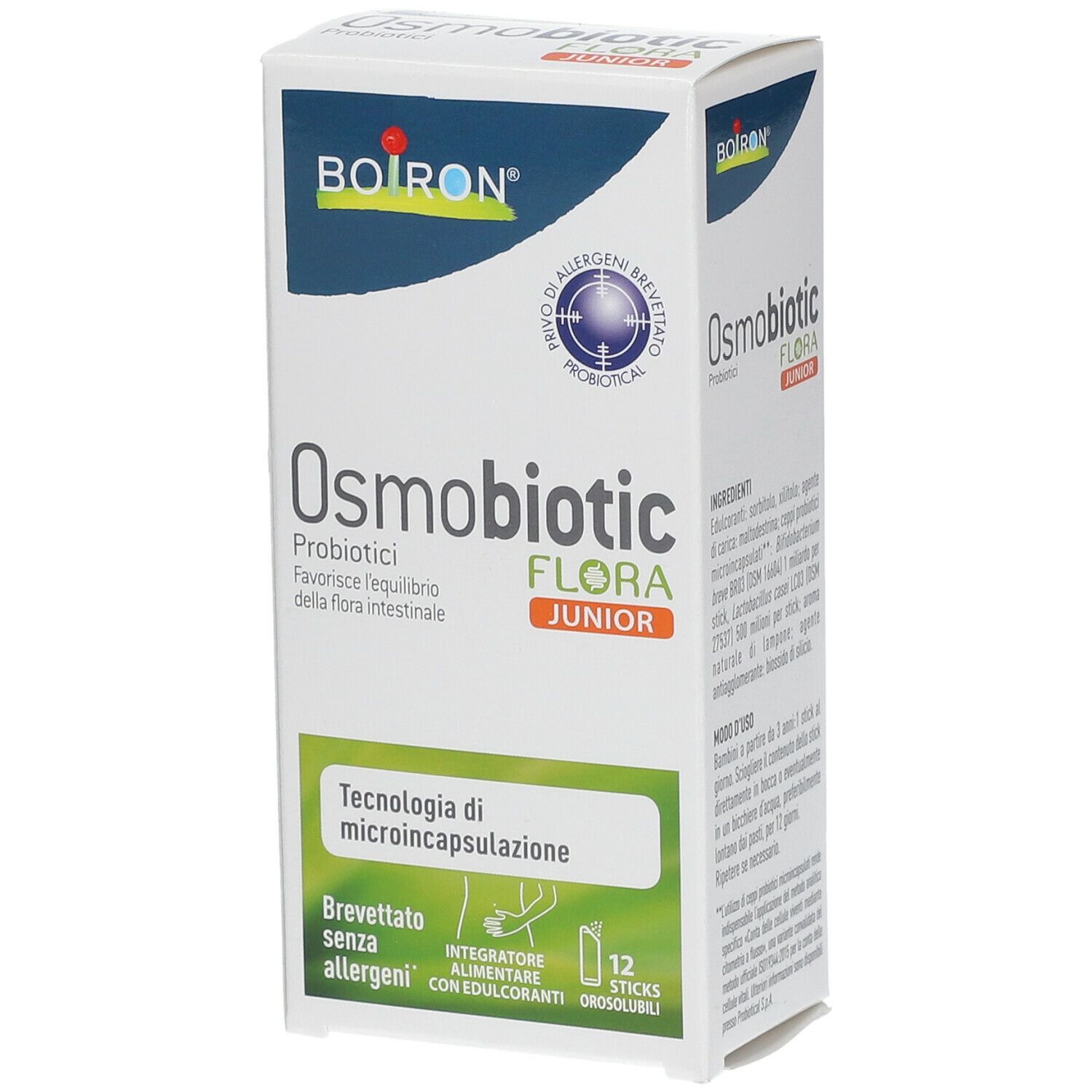 Scatola BOIRON Osmobiotic Flora Junior. Contiene 12 stick. Scritte in italiano. Vista obliqua.