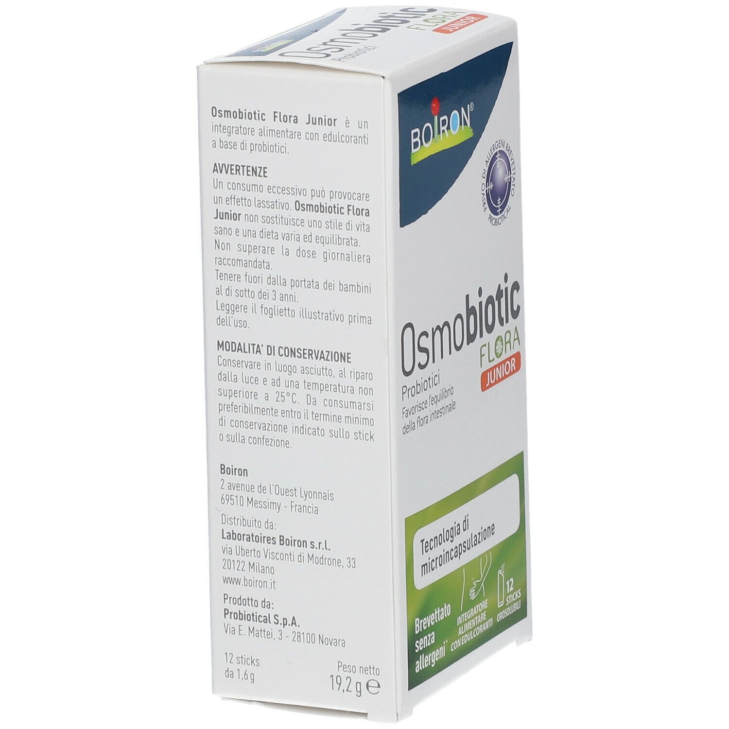Retro della scatola BOIRON Osmobiotic Flora Junior. Testo in italiano.