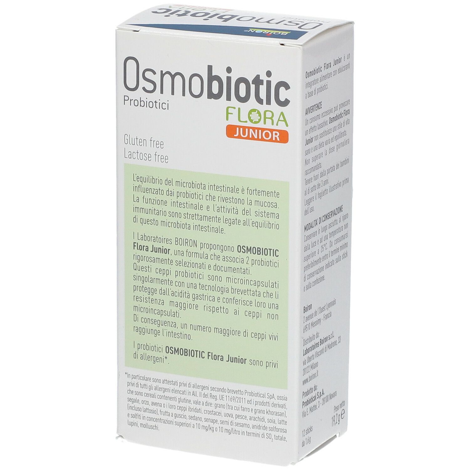 Lato della scatola BOIRON Osmobiotic Flora Junior. Testo in italiano.