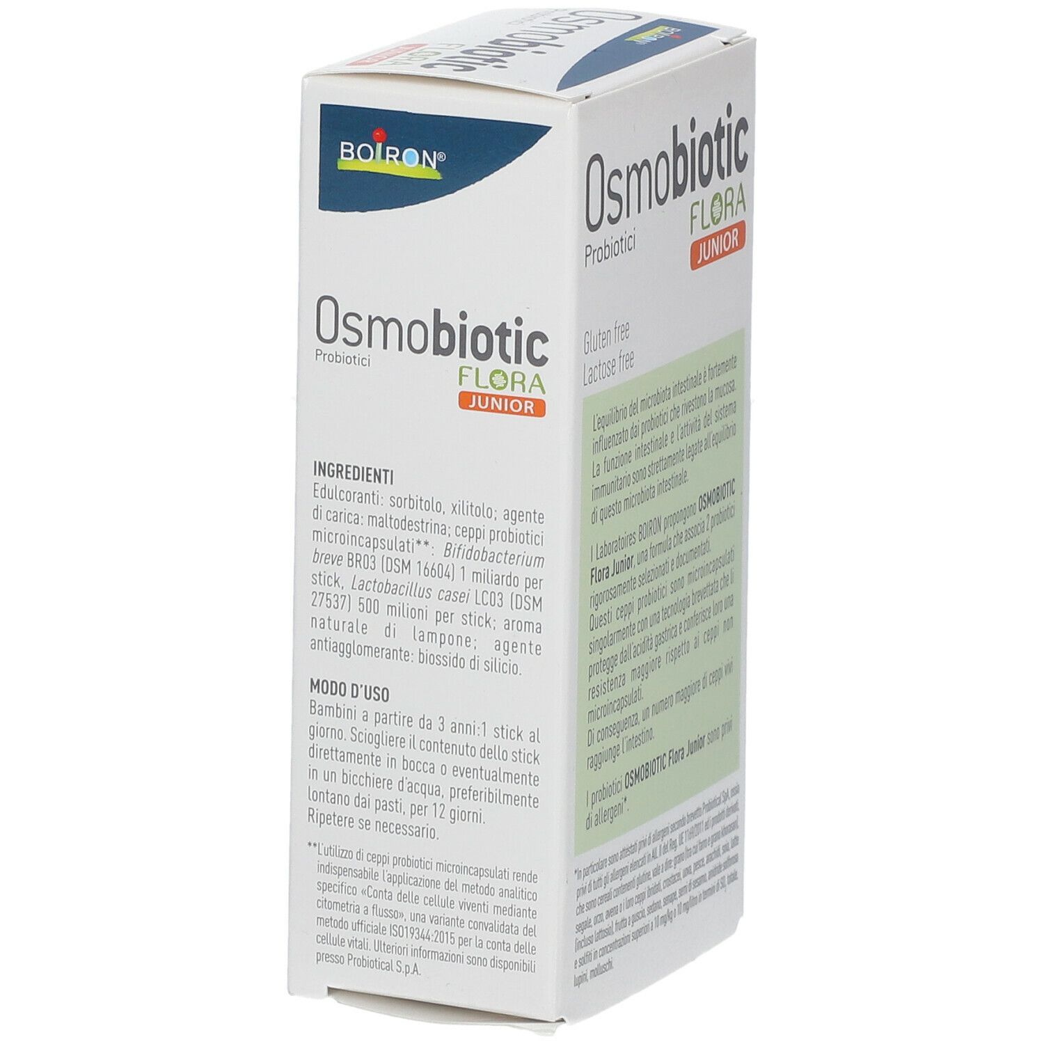 Lato della scatola BOIRON Osmobiotic Flora Junior. Testo in italiano.