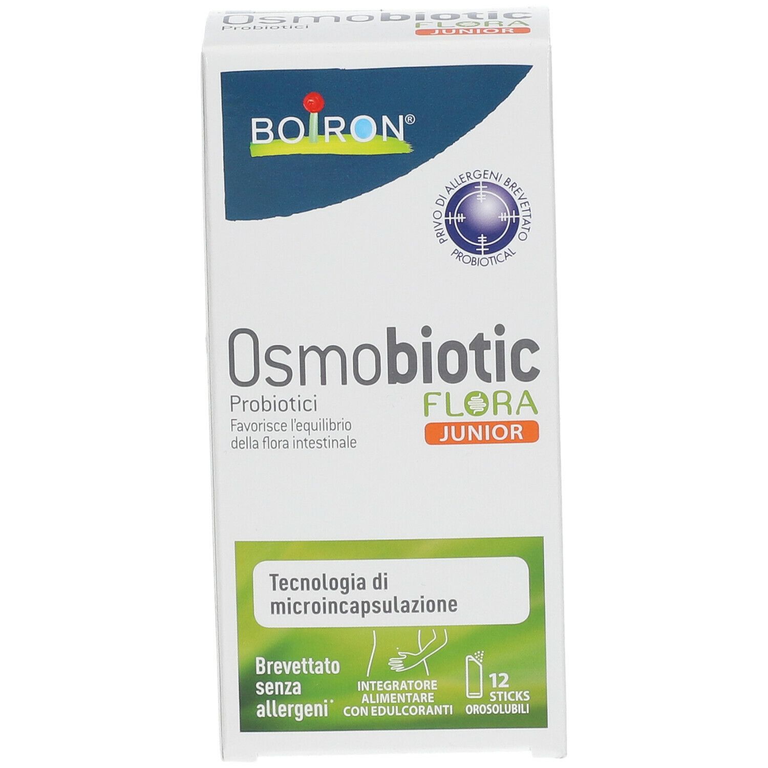 Scatola BOIRON Osmobiotic Flora Junior. Contiene 12 stick. Scritte in italiano.