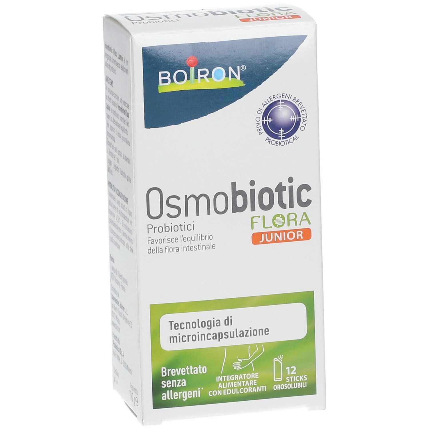 Scatola BOIRON Osmobiotic Flora Junior. Contiene 12 stick. Scritte in italiano.