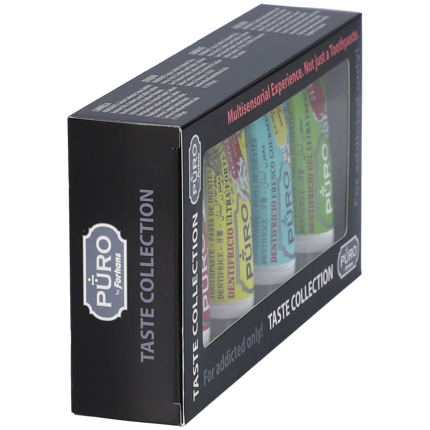 Zahnpasta-Kollektion in einer Schachtel. Vier Tuben mit unterschiedlichen Farben und Aufdrucken. Text: Taste Collection, For addicted only!