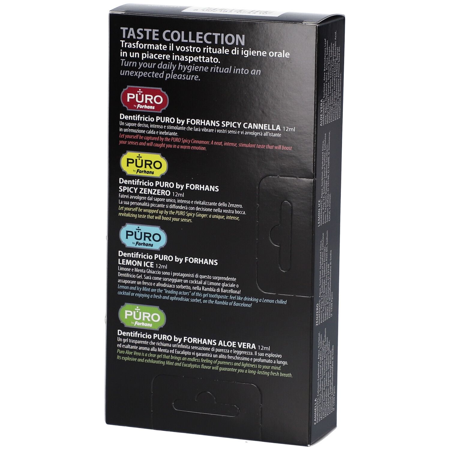 Rückseite der Zahnpasta-Kollektionsbox. Text: Taste Collection, Produktinformationen, Inhaltsstoffe, Herstelleradresse.