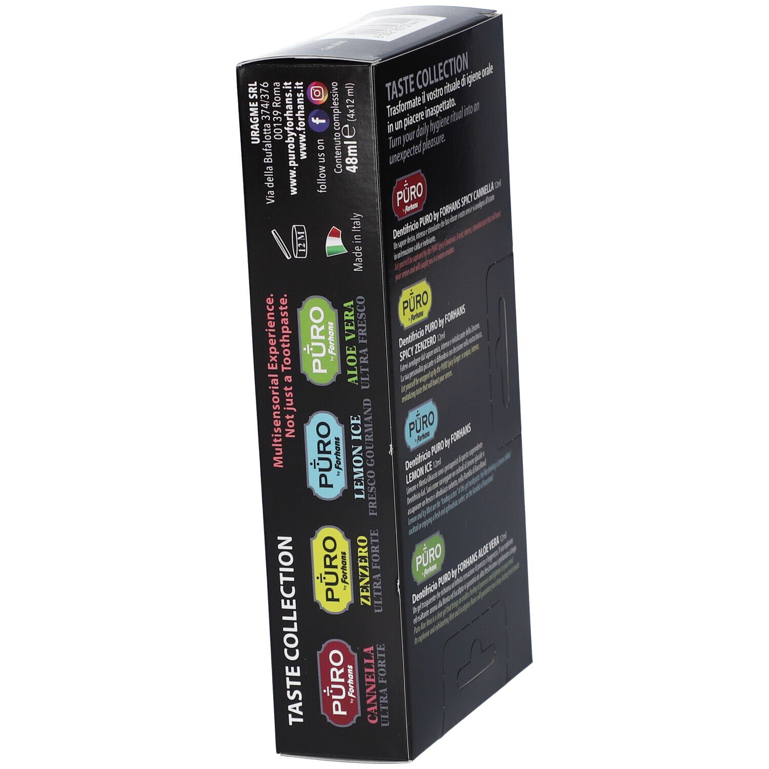 Seitenansicht der Zahnpasta-Kollektionsbox. Text: Taste Collection, Produktnamen, Herstellerinformationen, Inhaltsstoffe.