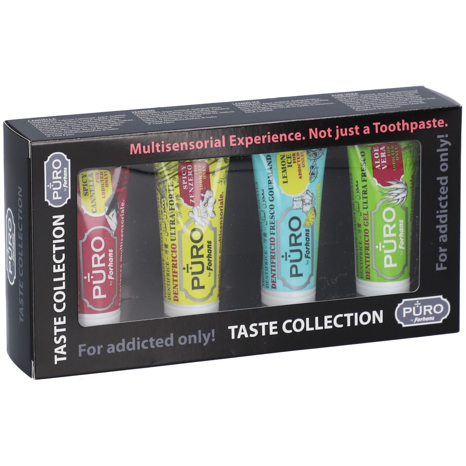 Zahnpasta-Kollektion in einer Schachtel. Vier Tuben mit unterschiedlichen Farben und Aufdrucken. Text: Taste Collection, For addicted only!