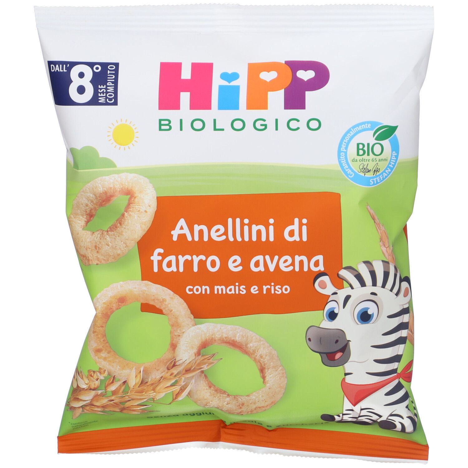 Verpackung mit Hipp Bio Anellini. Sichtbar: Ringförmige Snacks, Logo, Text 'Biologico', Bio-Siegel, Zebra-Illustration.