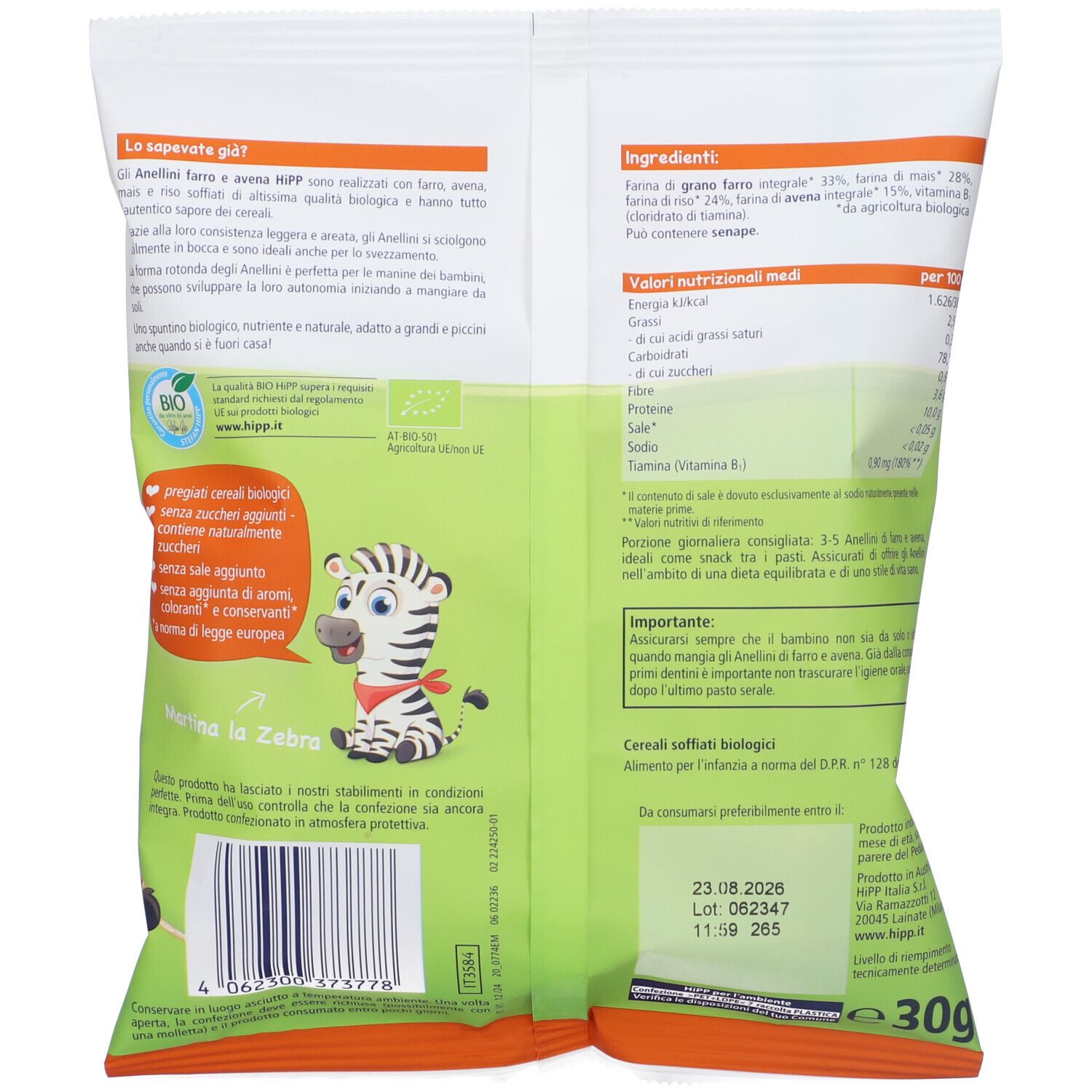 Rückseite der Hipp Bio Anellini Verpackung. Text, Nährwertangaben, Bio-Siegel, Zebra-Illustration, Mindesthaltbarkeitsdatum.