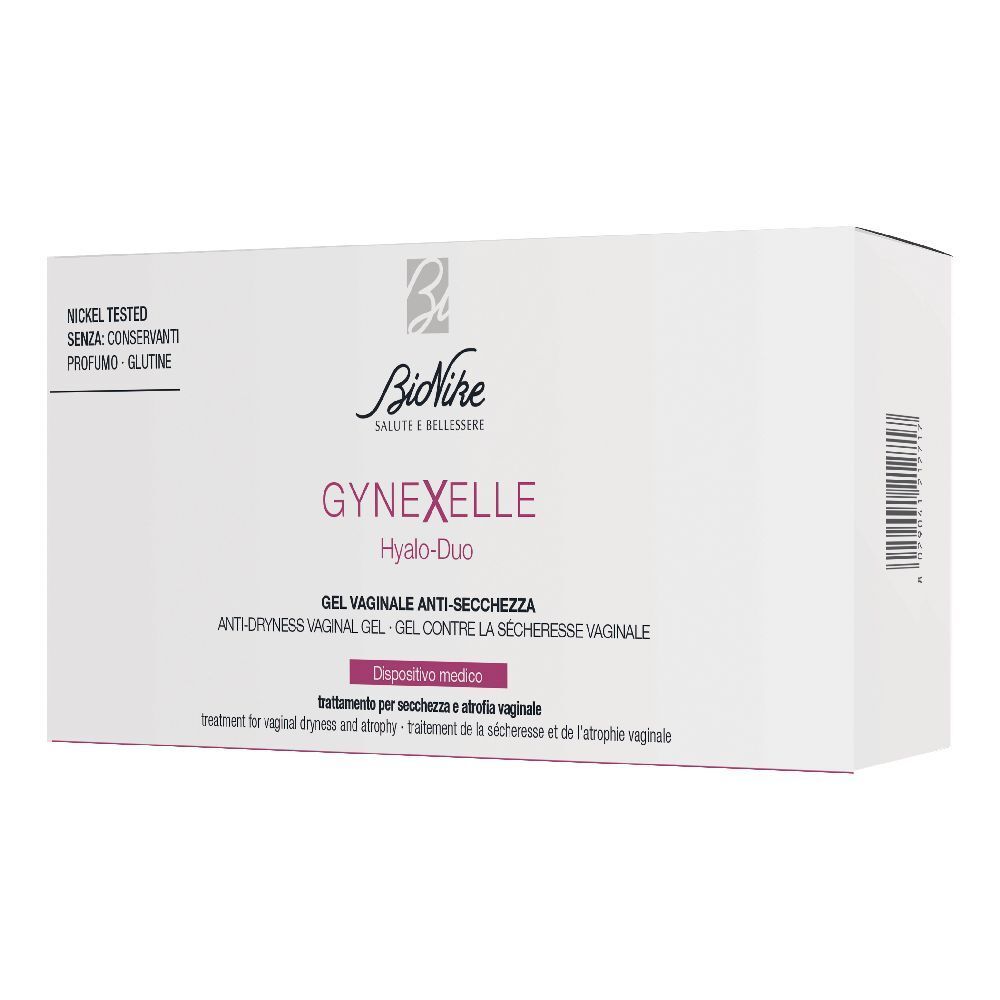 Confezione bianca con nome e logo del prodotto. Testo: GYNEXELLE Hyalo-Duo, Gel vaginale anti-secchezza. Dispositivo medico.