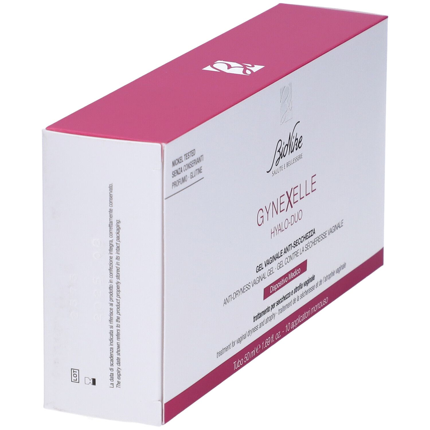 Scatola con coperchio rosa. Nome e logo del prodotto: GYNEXELLE Hyalo-Duo. Gel vaginale anti-secchezza. Dispositivo medico. Vista angolata.