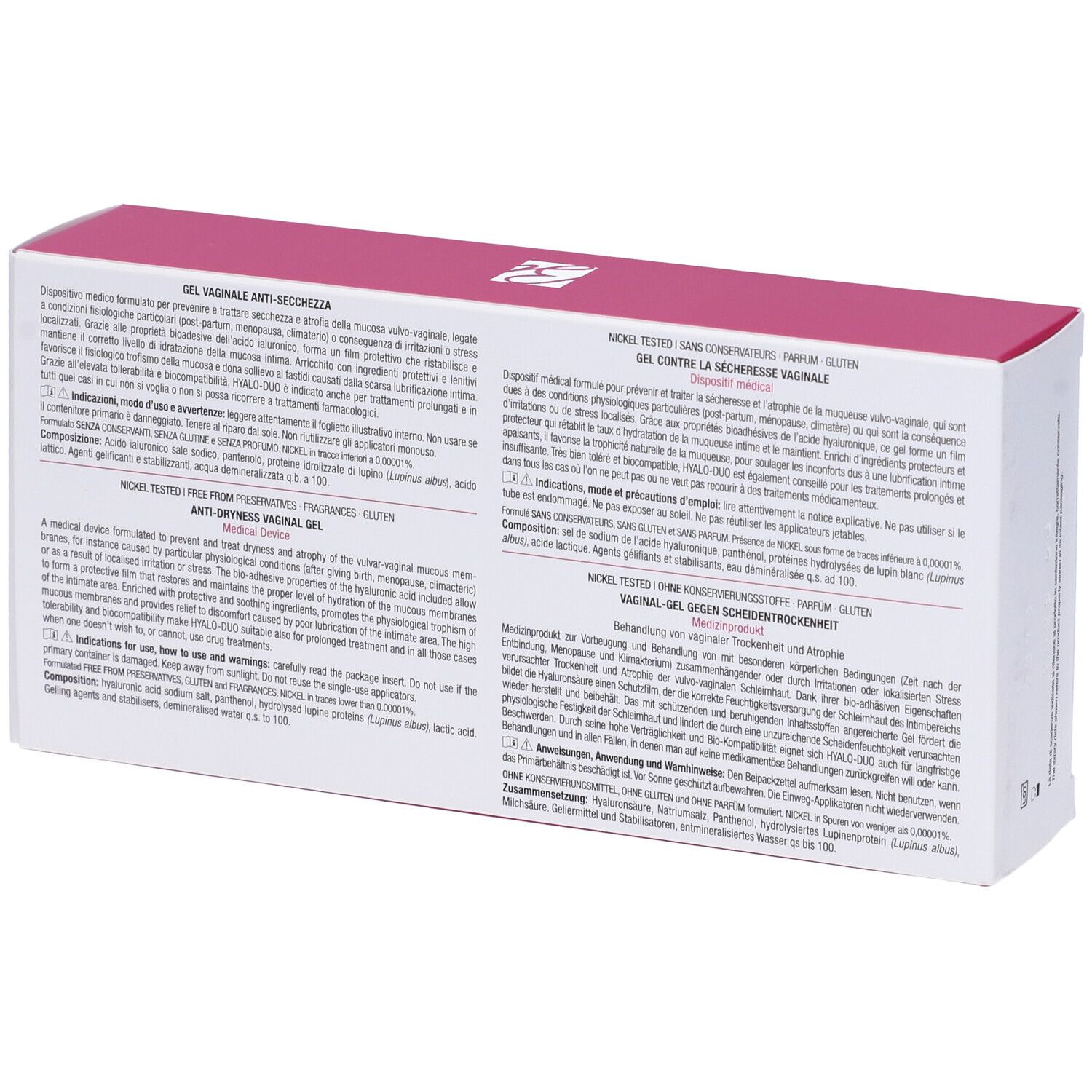 Retro della confezione. Testo multilingue. Dispositivo medico. Informazioni su ingredienti e utilizzo.