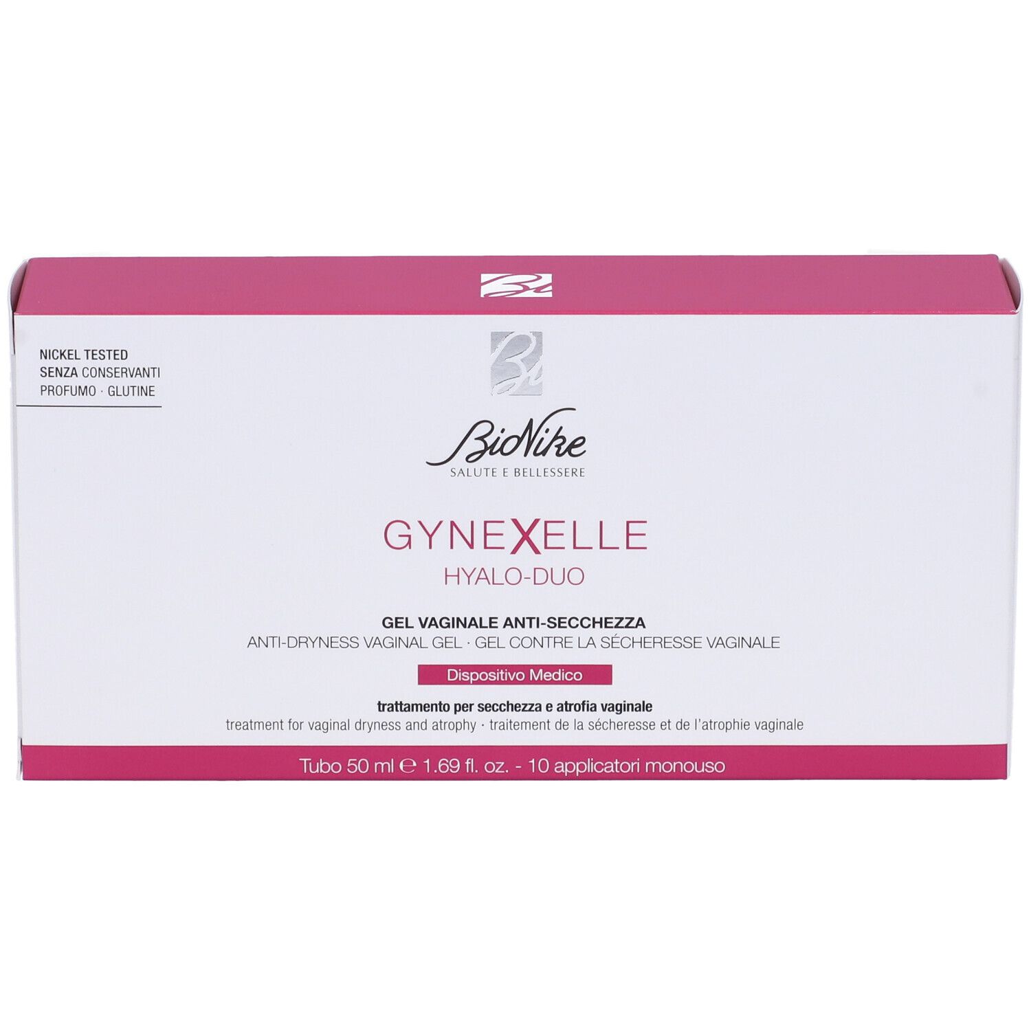 Scatola bianca con coperchio rosa. Nome e logo del prodotto: GYNEXELLE Hyalo-Duo. Gel vaginale anti-secchezza. Dispositivo medico.