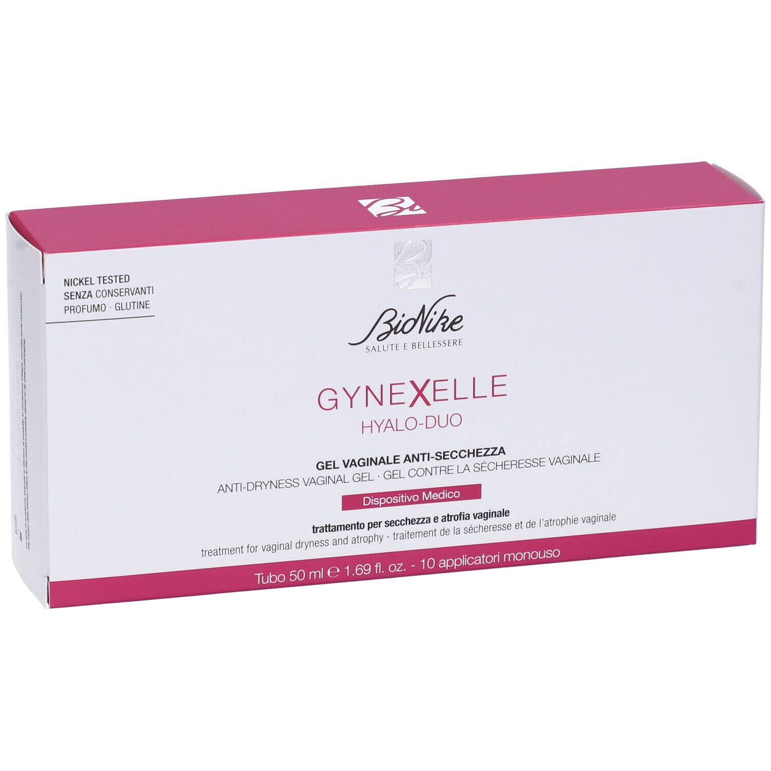 Scatola bianca con coperchio rosa. Nome e logo del prodotto: GYNEXELLE Hyalo-Duo. Gel vaginale anti-secchezza. Dispositivo medico.