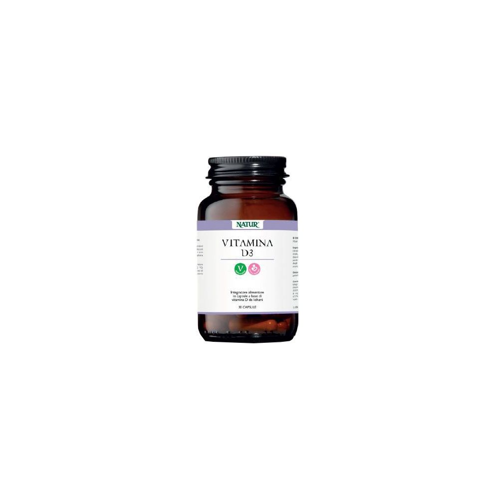 Flacone di vetro marrone con tappo nero. Etichetta con "NATUR" e "Vitamina D3".