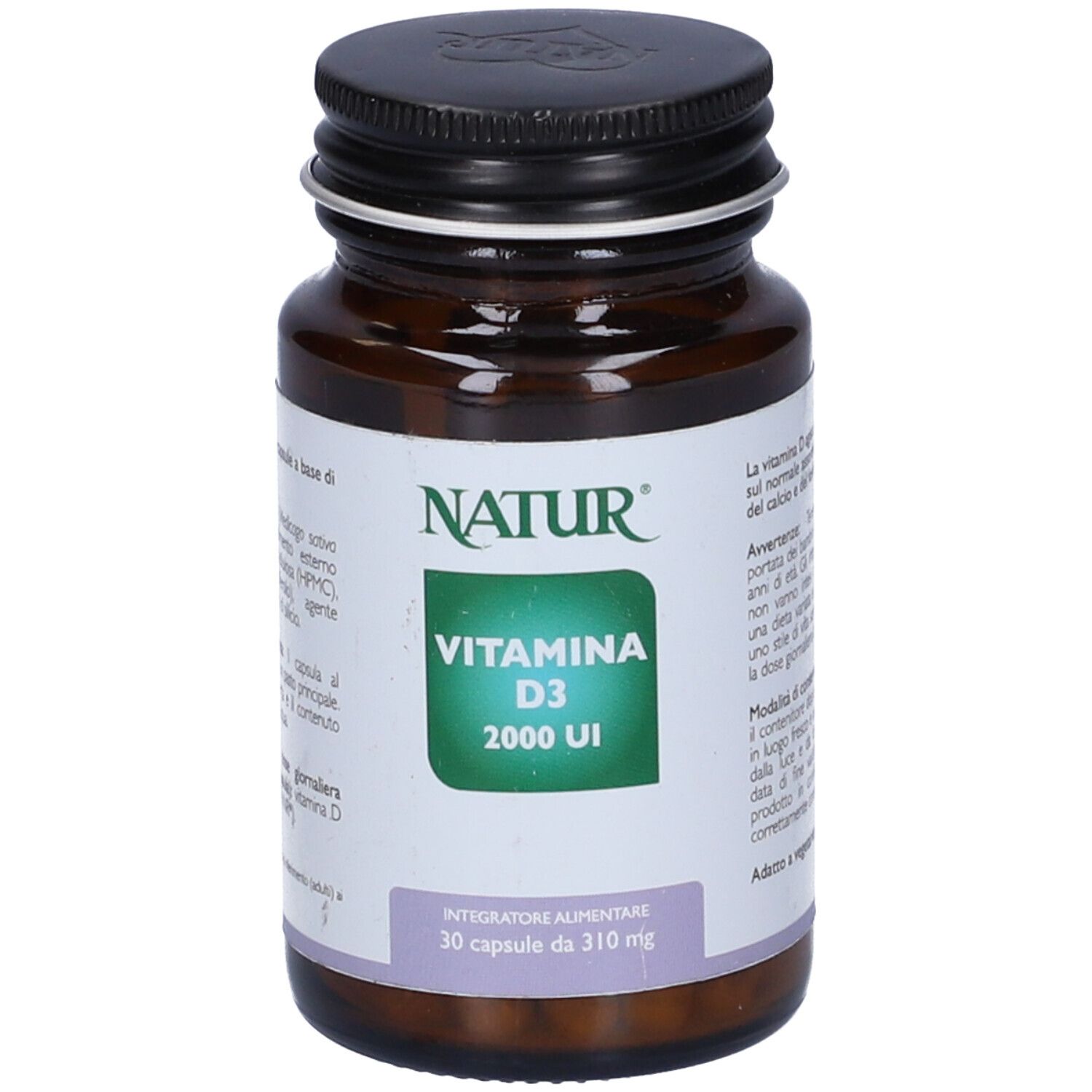 Flacone vetro marrone, tappo nero. Etichetta "NATUR", "Vitamina D3 2000 UI" e "30 capsule".