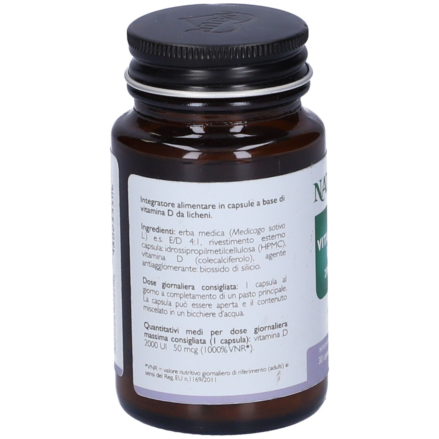 Flacone vetro marrone, tappo nero. Retro con ingredienti e istruzioni per il dosaggio.