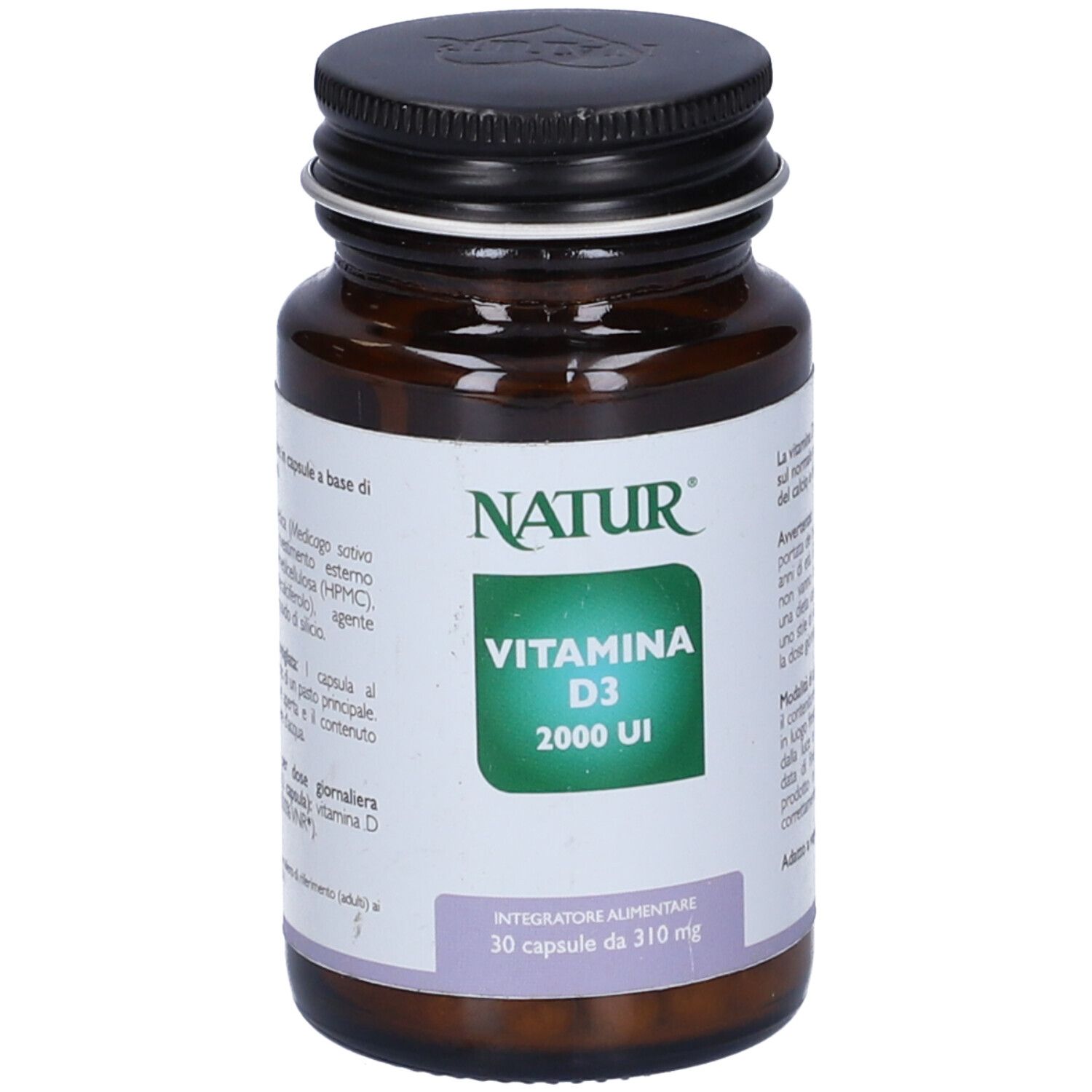 Flacone marrone, tappo nero. Etichetta "NATUR", "Vitamina D3 2000 UI" e grafica verde.