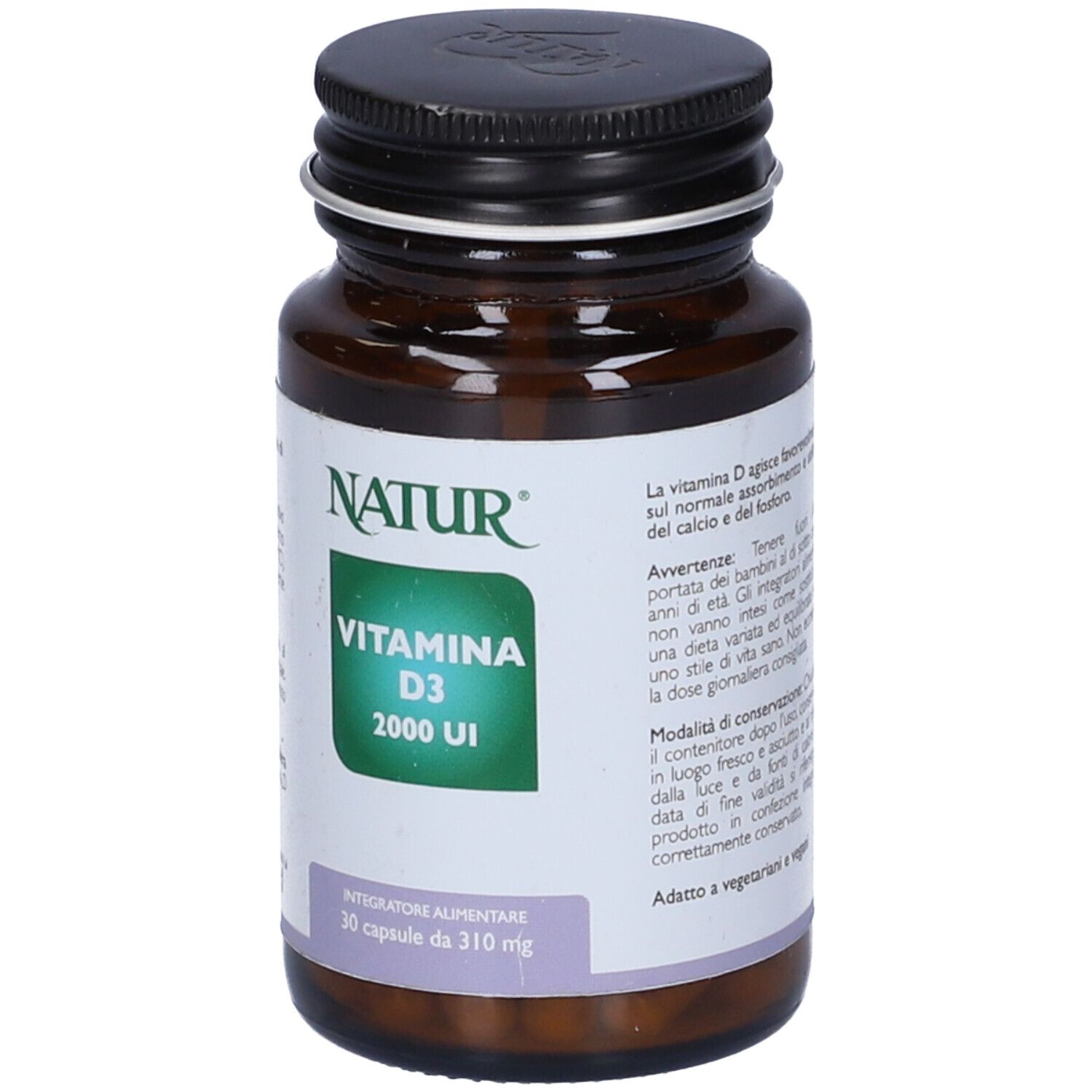 Flacone marrone, tappo nero. Etichetta "NATUR", "Vitamina D3 2000 UI" e testo.