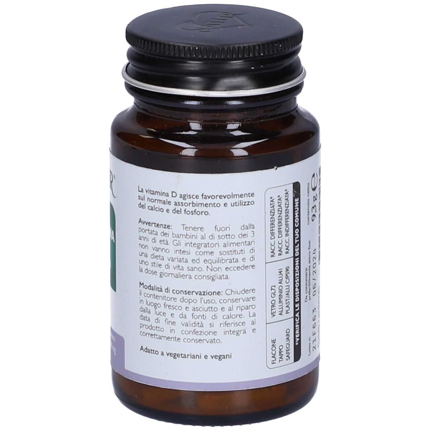 Flacone marrone, tappo nero. Retro con avvertenze e ingredienti.