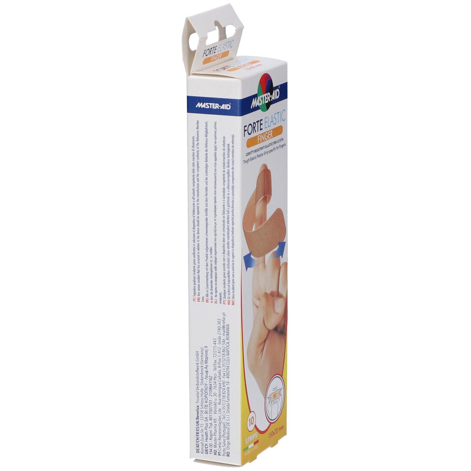 Confezione con testo. Marchio Master-Aid, nome prodotto Forte Elastic Finger. Contiene informazioni sul prodotto e l'uso.