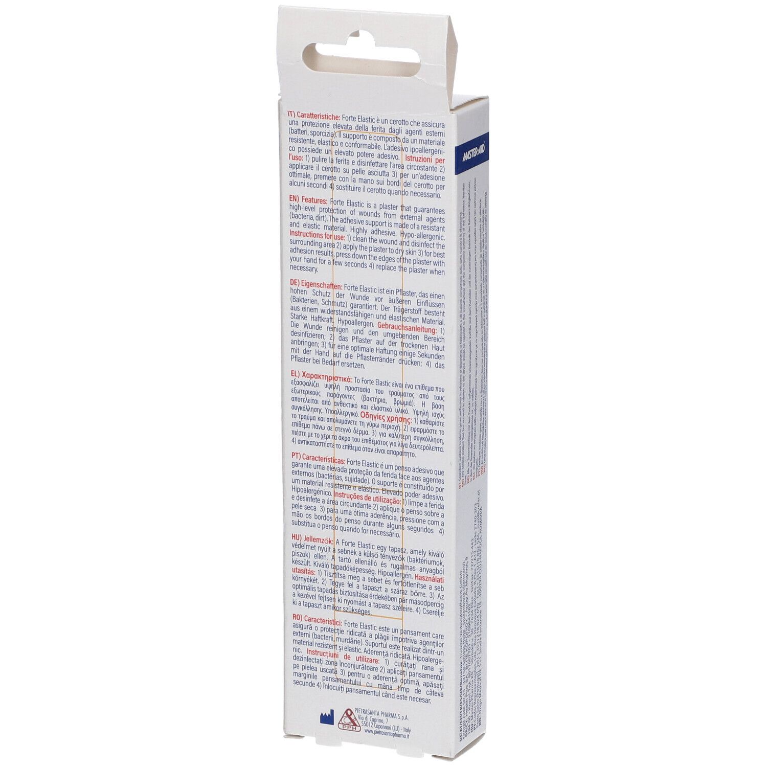 Confezione con testo. Marchio Master-Aid, nome prodotto Forte Elastic Finger. Contiene informazioni sul prodotto e l'uso.