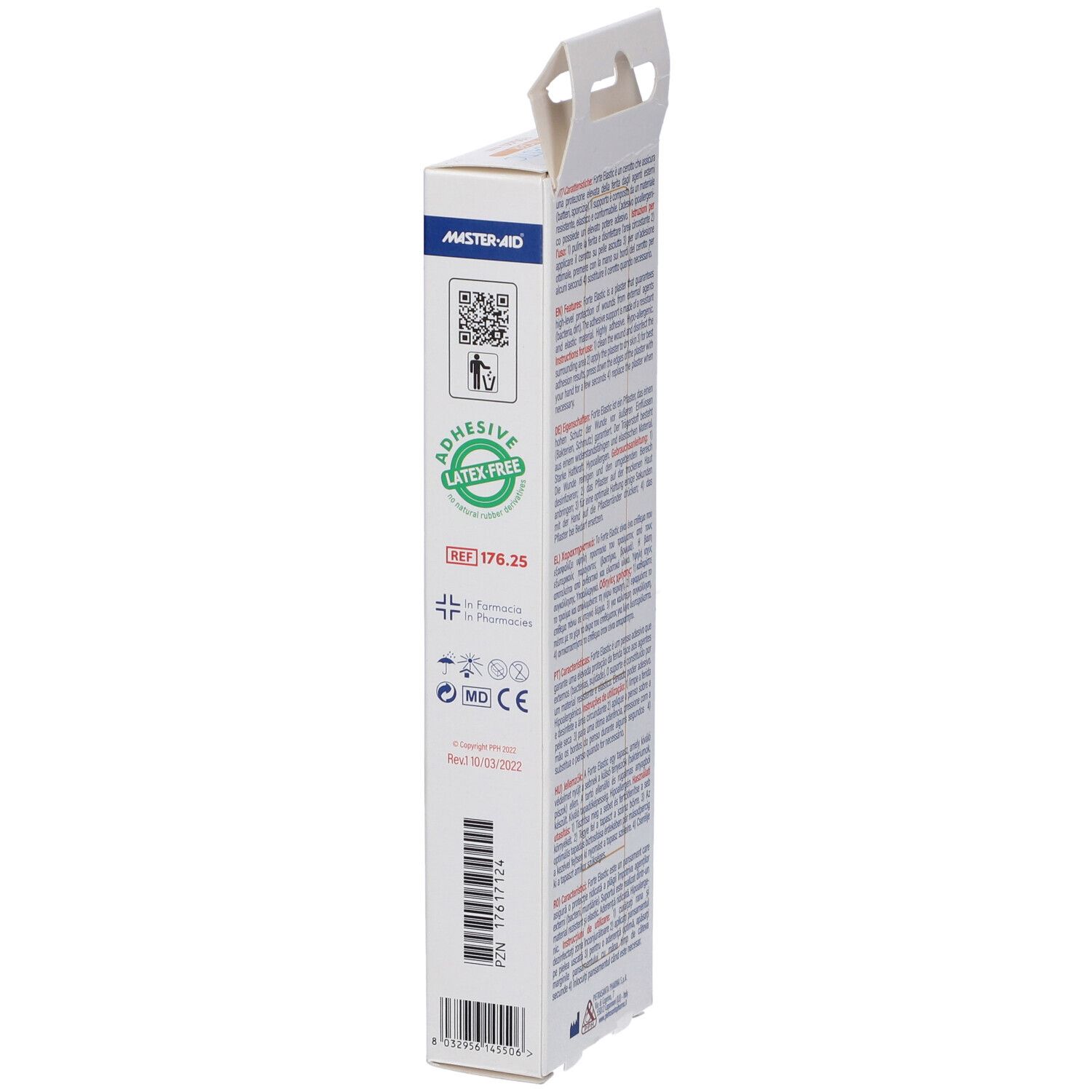 Confezione con testo. Marchio Master-Aid, nome prodotto Forte Elastic Finger. Contiene informazioni sul prodotto e l'uso.