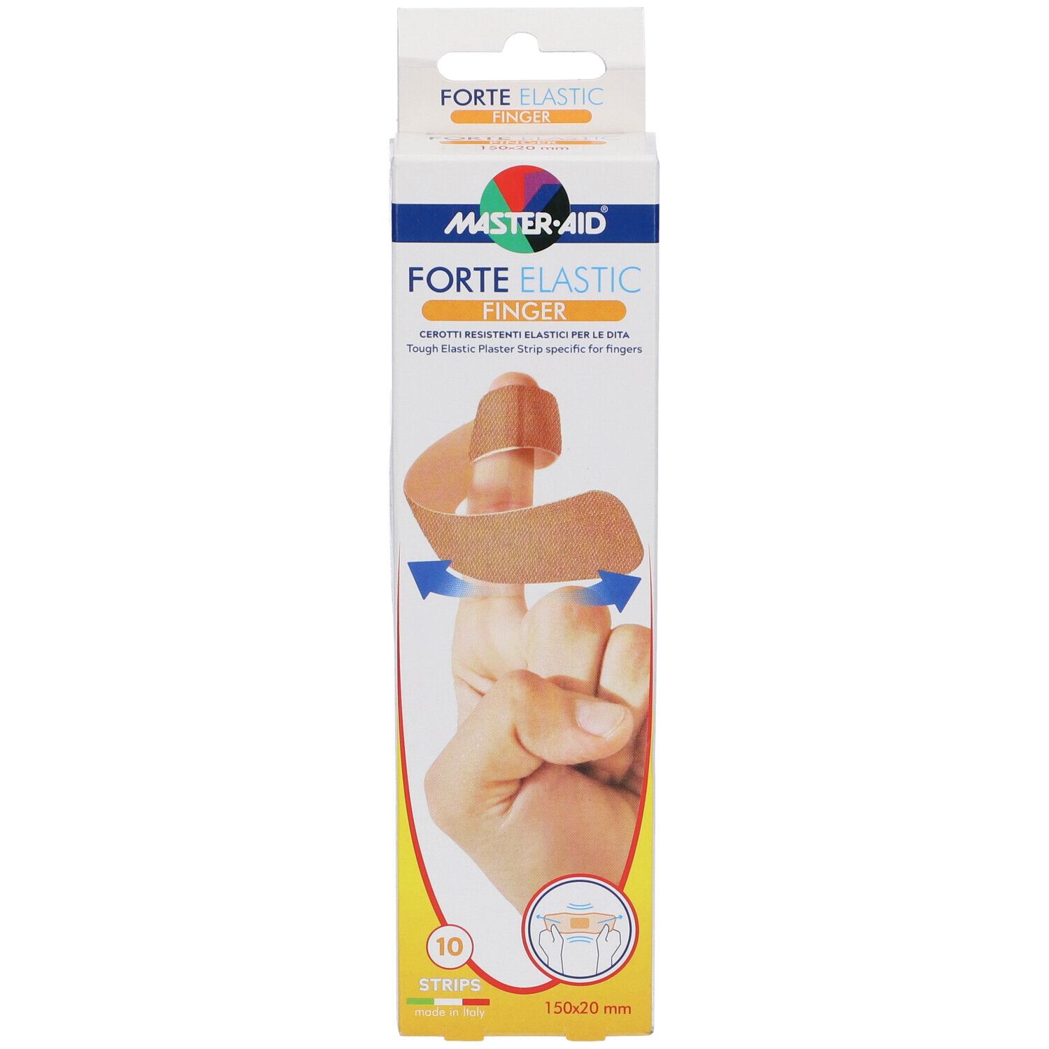 Confezione di cerotti per dita Forte Elastic Finger Master-Aid. Mostra un dito con cerotto. Contiene 10 pezzi.