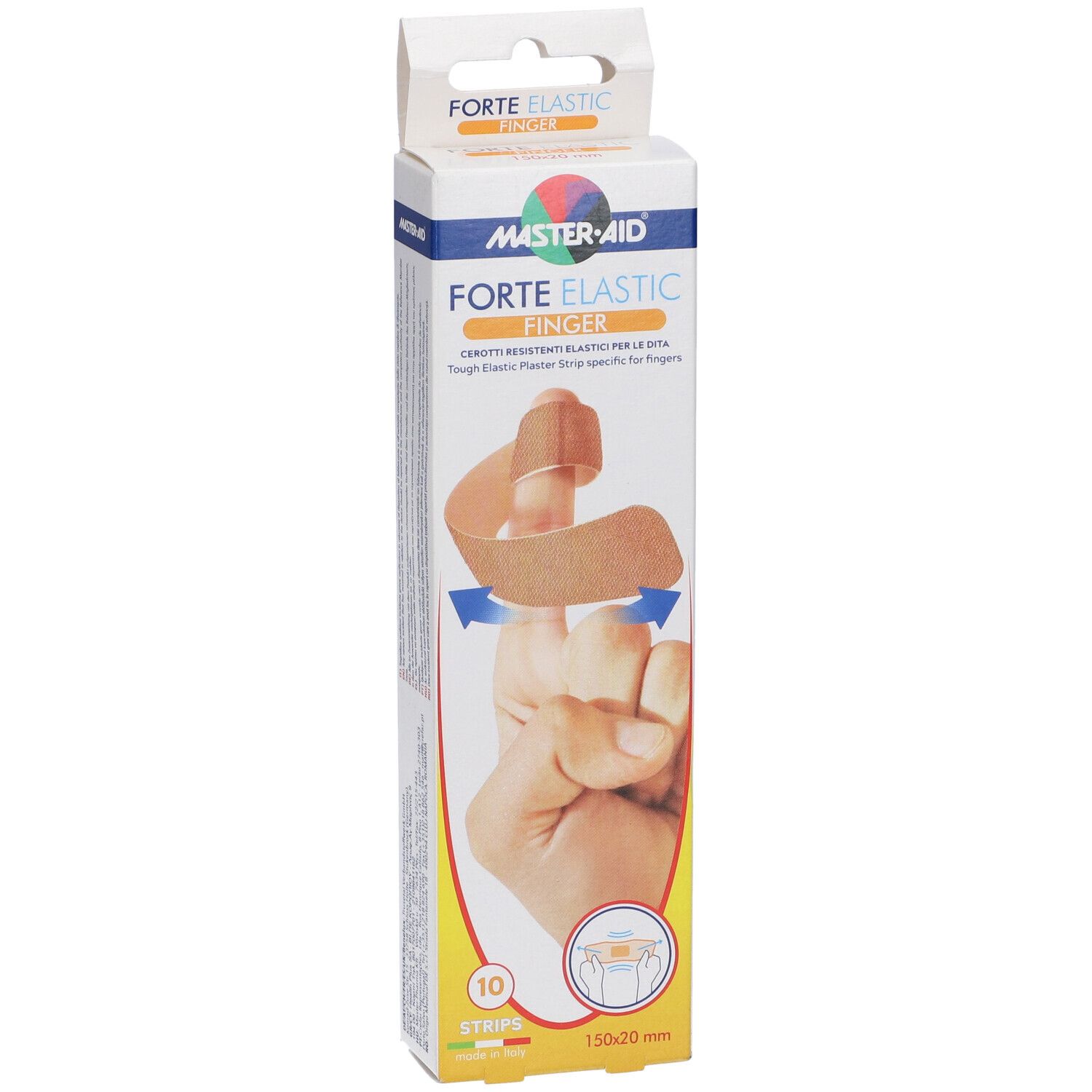 Confezione di cerotti per dita Forte Elastic Finger Master-Aid. Mostra un dito con cerotto. Contiene 10 pezzi.