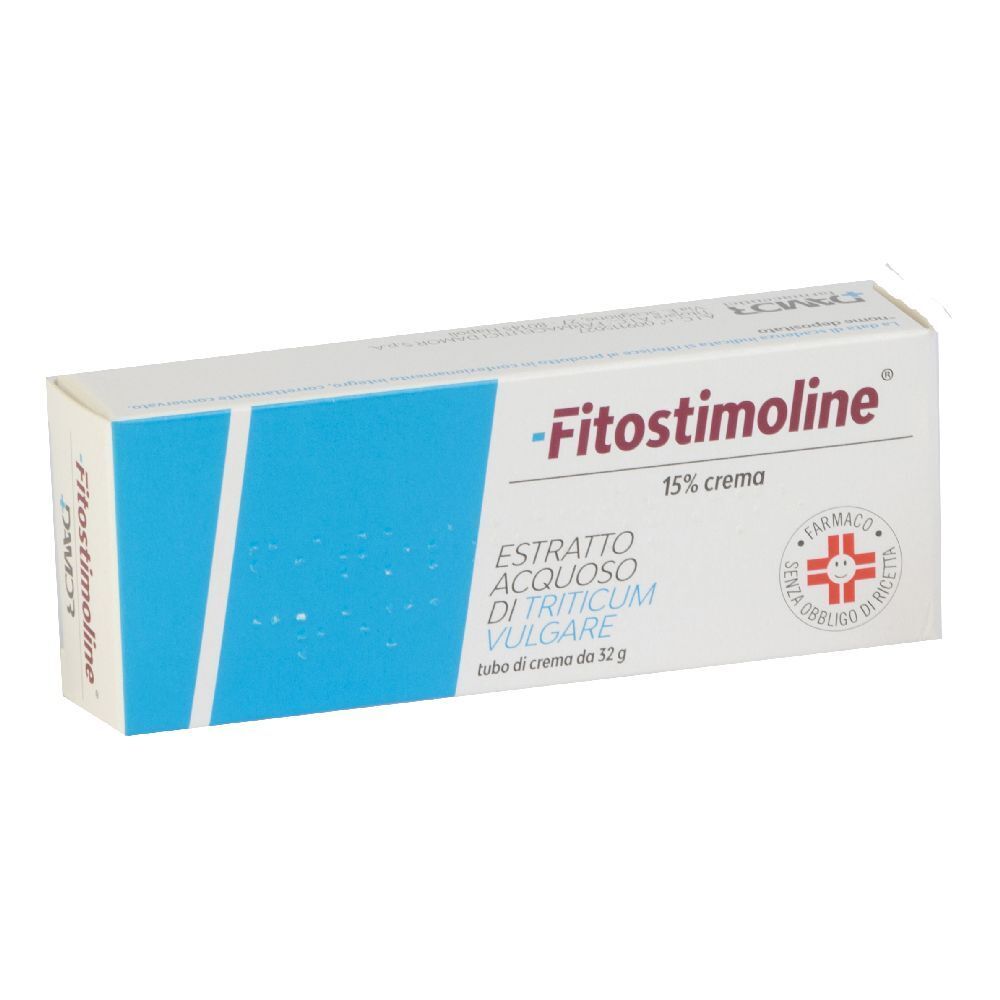 Scatola di -Fitostimoline- 15% crema. Bianca con accenti blu. Testo: Estratto acquoso di Triticum vulgare.