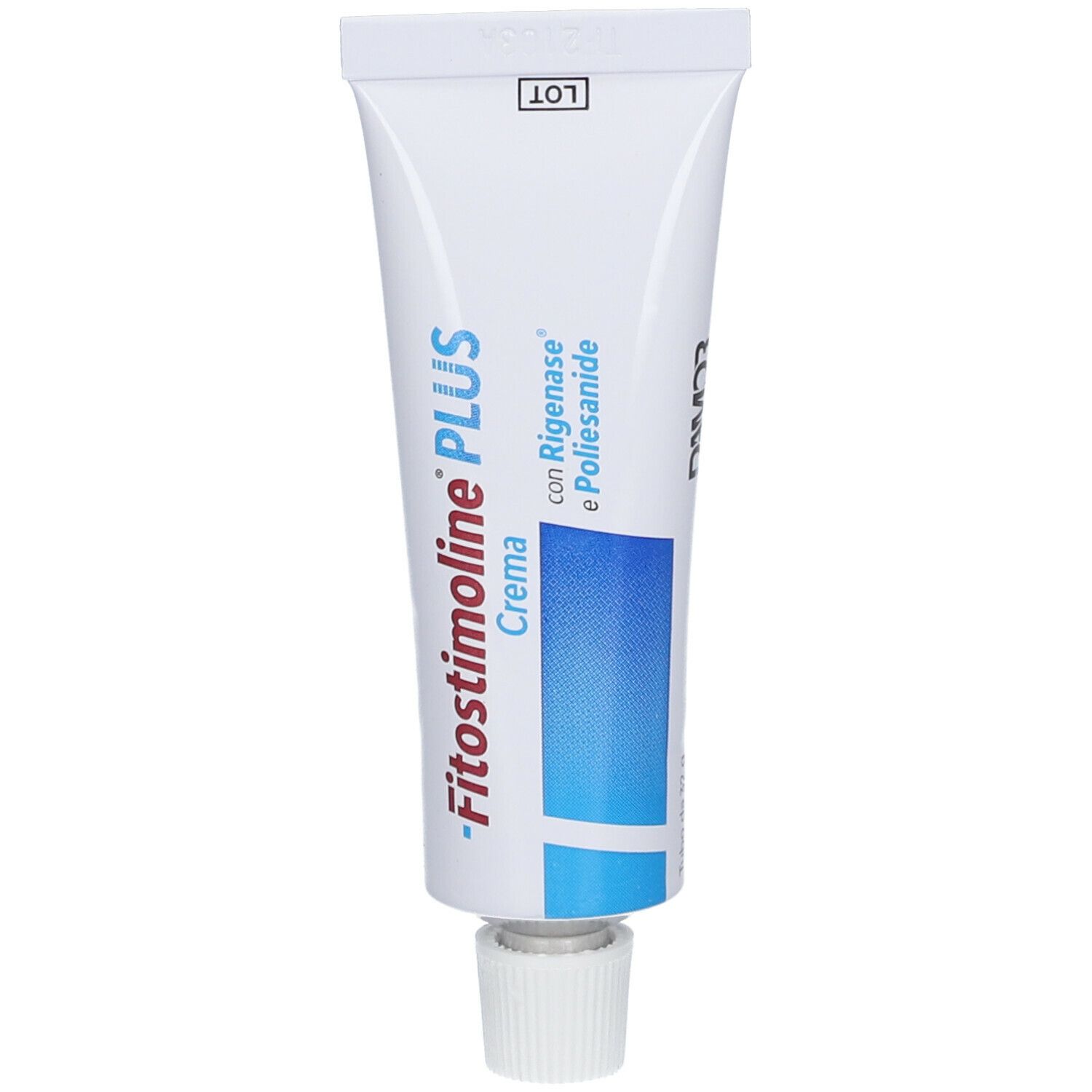 Tubo -Fitostimoline PLUS Crema-. Tubo bianco con striscia blu. Testo: con Rigenase e Poliesanide.