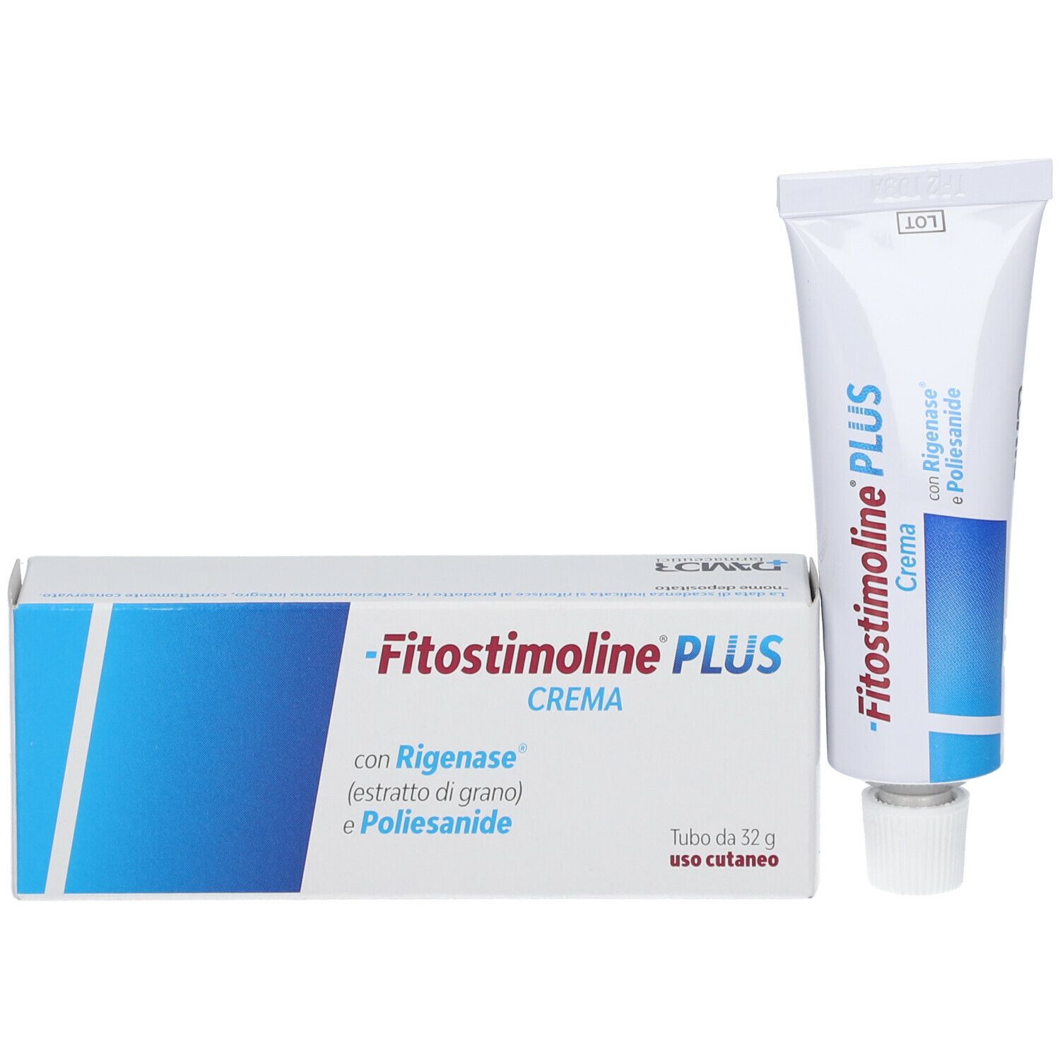 Confezione e tubo -Fitostimoline PLUS Crema-. Tubo accanto alla scatola. Testo: con Rigenase e Poliesanide.